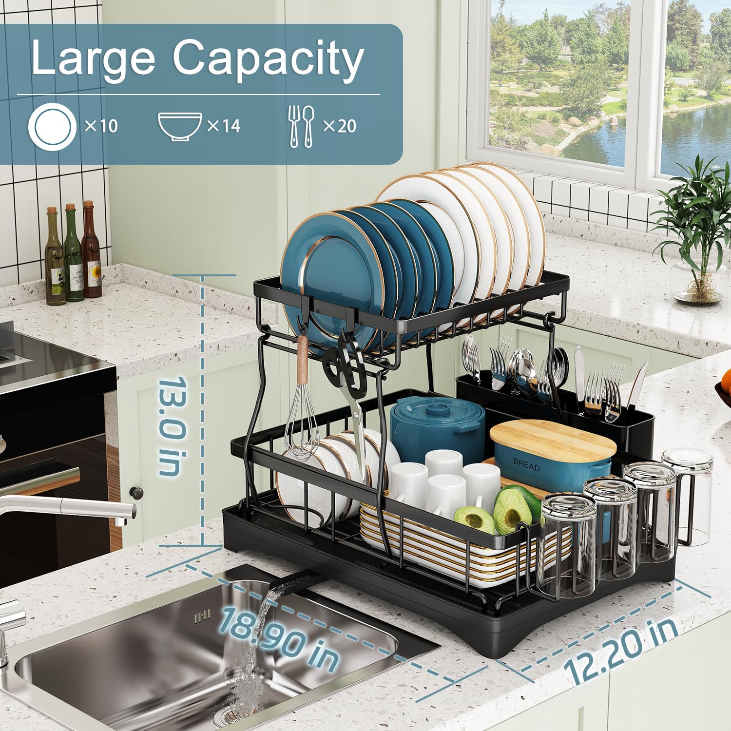 Doitsf 2 Tier Dish Drying Rack - Large Stainless Steel, Black, with Drainboard & Utensil Holders, Model DO001