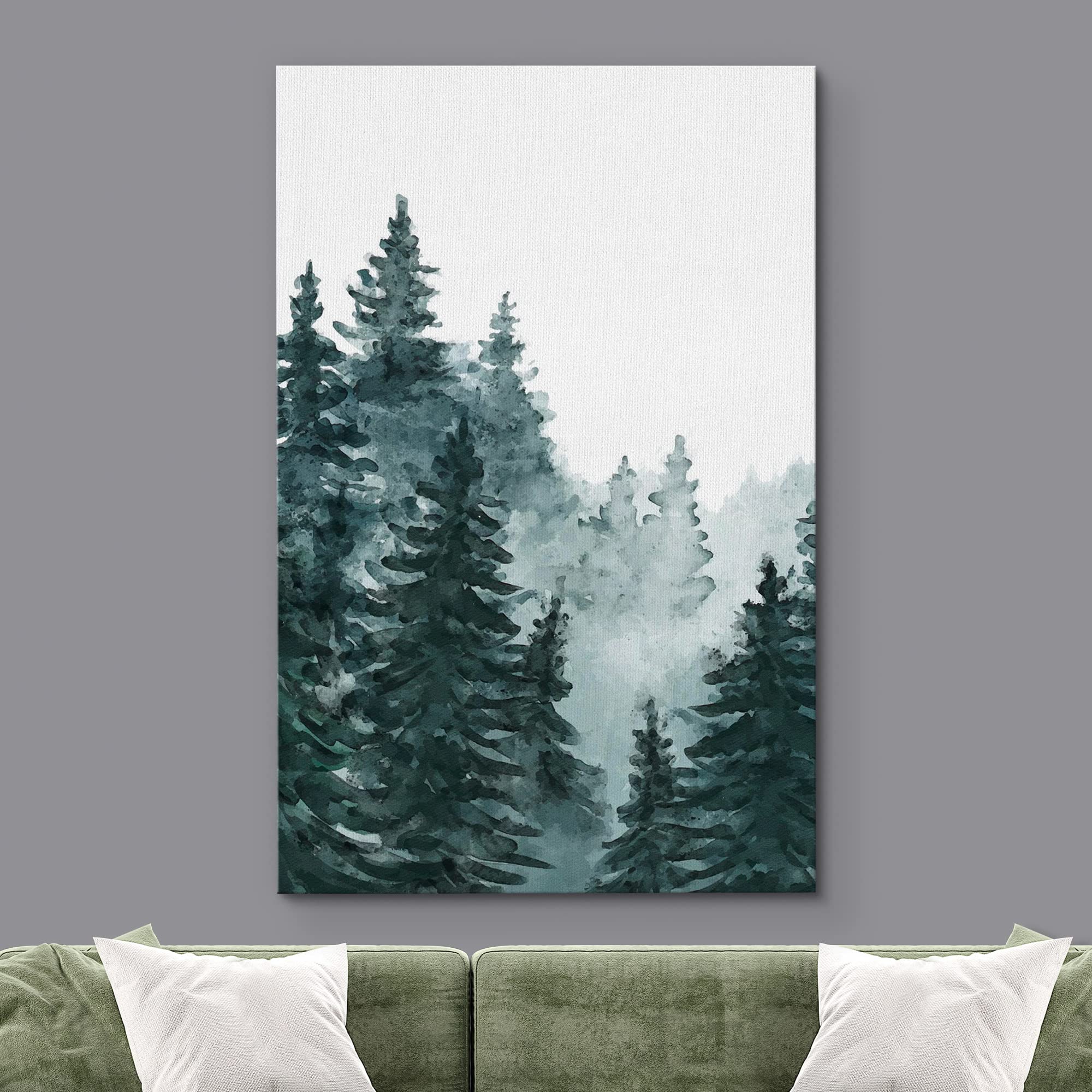 Signwin Canvas Print Wall Art Woodland Nursery Decor Watercolor Pastel Pine Tree Forest Fog Nature Illustrations Modern Art Deco