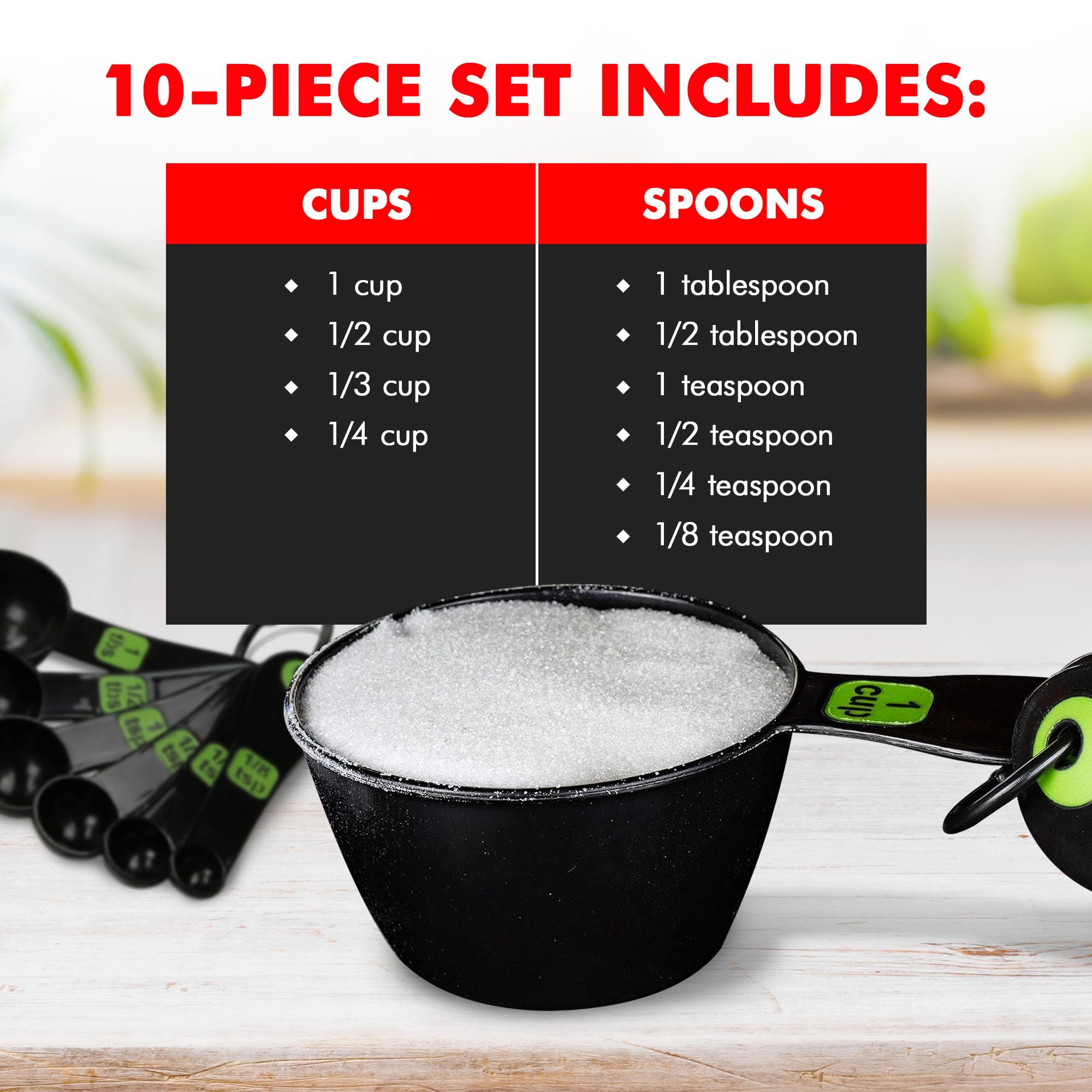 Chef Craft Easy To Ready Plastic Measuring Cup Set, 10 Piece Set, Green