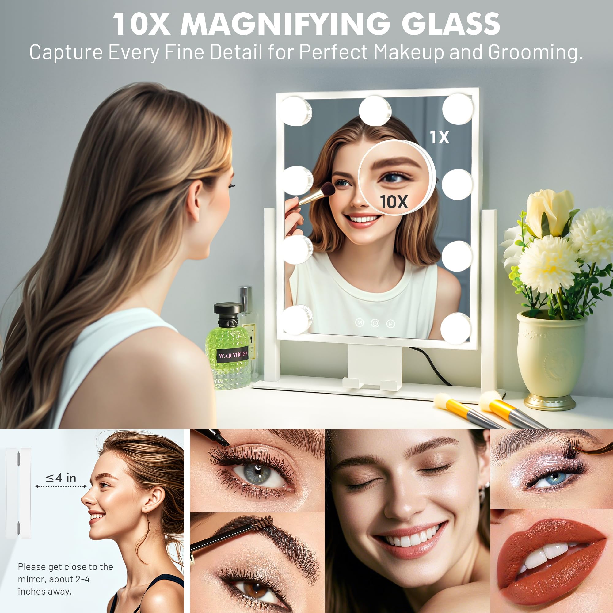 Kottova Makeup Vanity Mirror With Lights,3 Color Modes,Detachable 10X Magnification Mirror,180Rotation,Phone Holder,Small Cute H