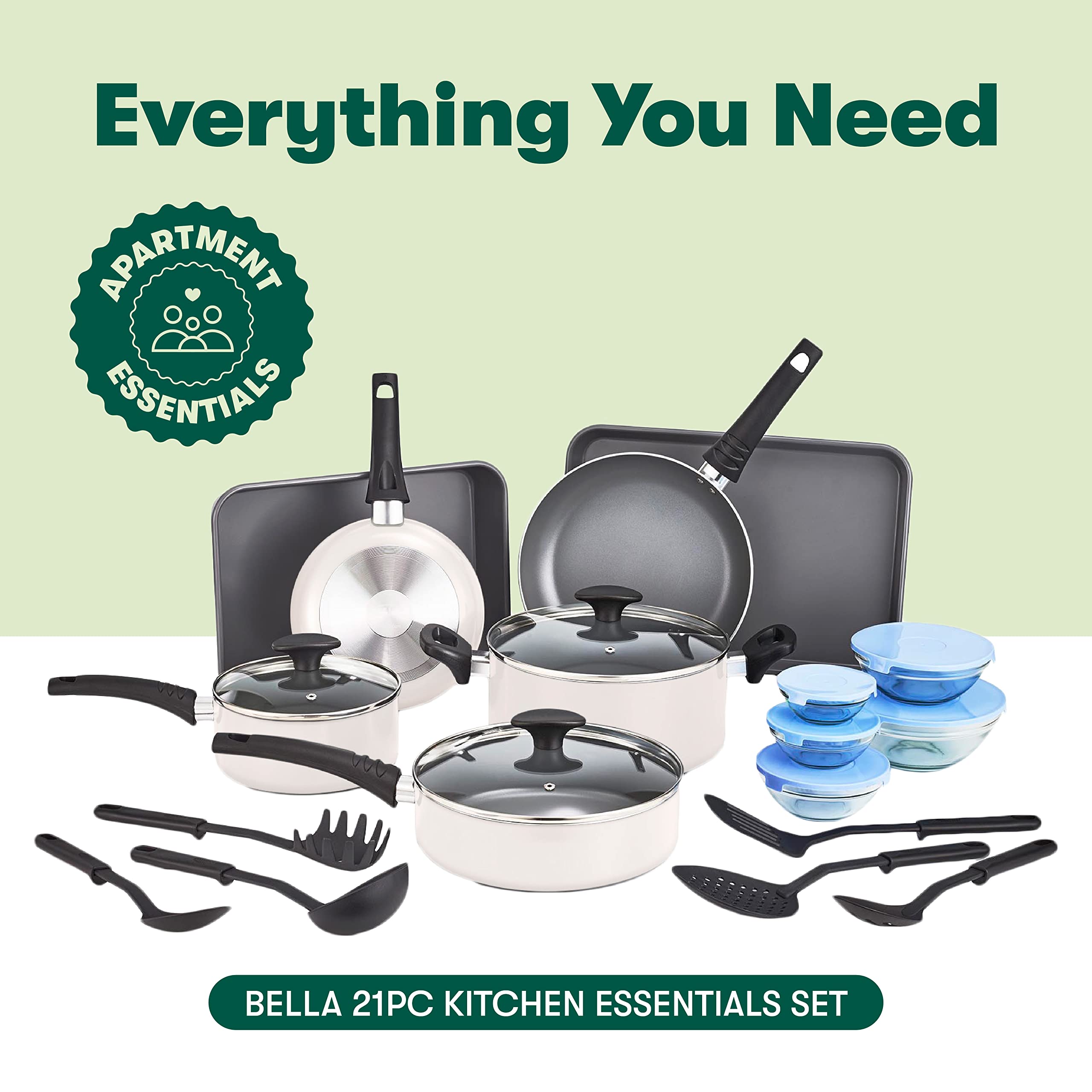 bella Nonstick Cookware Set with Glass Lids - Aluminum Bakeware, Pots and Pans, Storage Bowls & Utensils, Compatible with All St