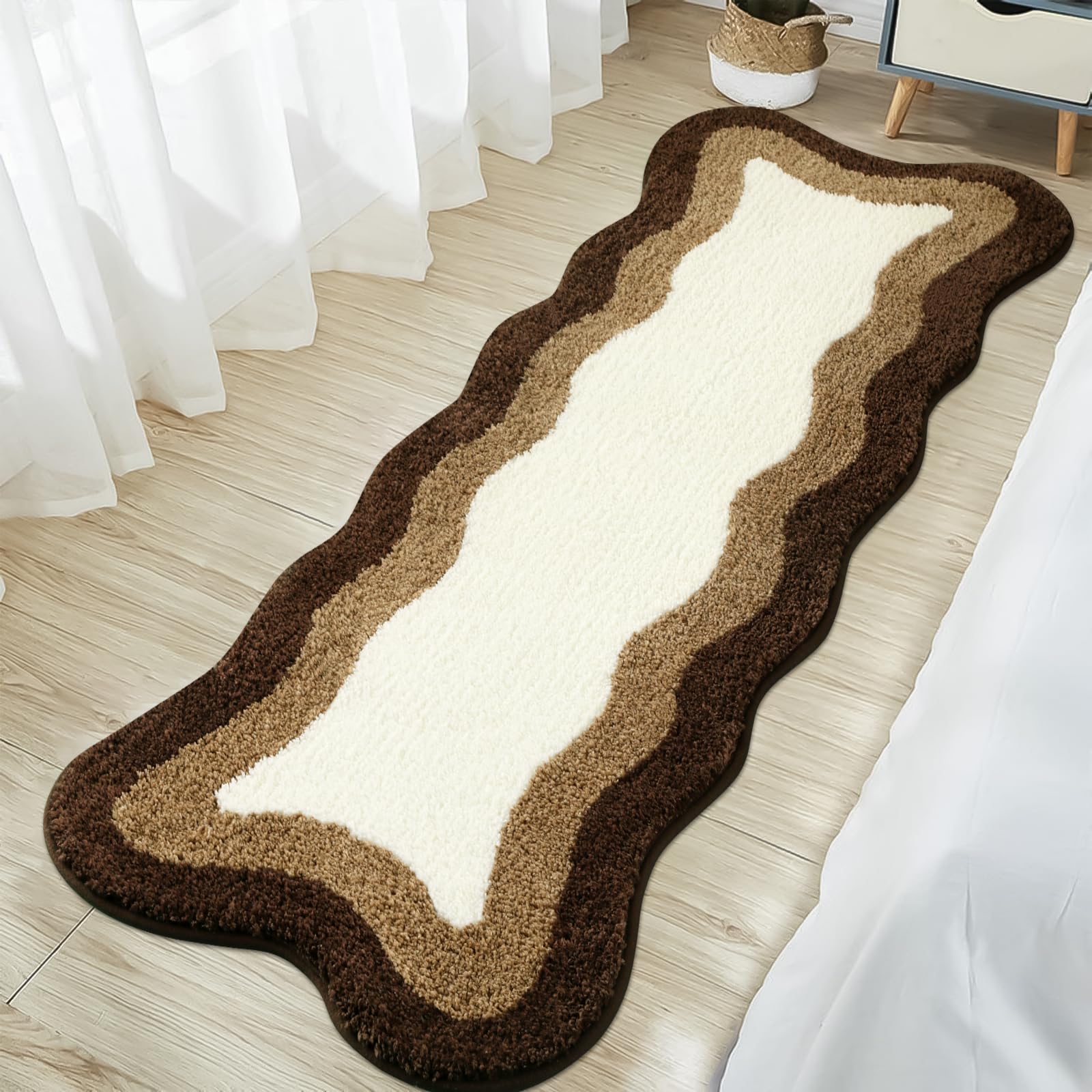 Haocoo Brown Long Bathroom Rug Runner, Microfiber Absorbent Boho Bath Mats For Bathroom Non-Slip, Washable Soft Plush Shower Mat