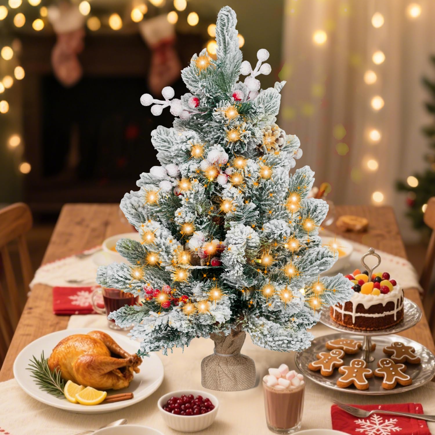 ININ 2FT Pre-lit Mini Christmas Snow Flocked Tree,Tabletop Artificial Christmas Tree with LED Lights, Small Xmas Pine Tree with 