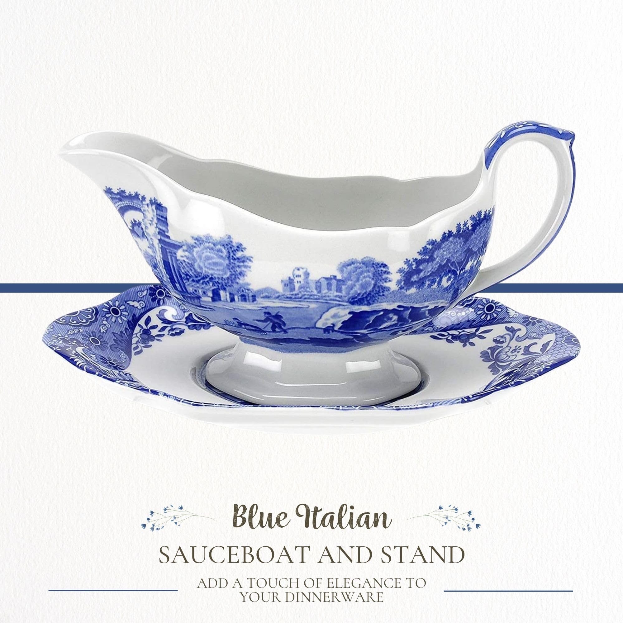 Spode Blue Italian Gravy Boat and Saucer  Spout for Gravy  Sauces  and Salad Dressings  Earthenware  9-Ounce Capacity  Large Handle  Dishwasher Safe