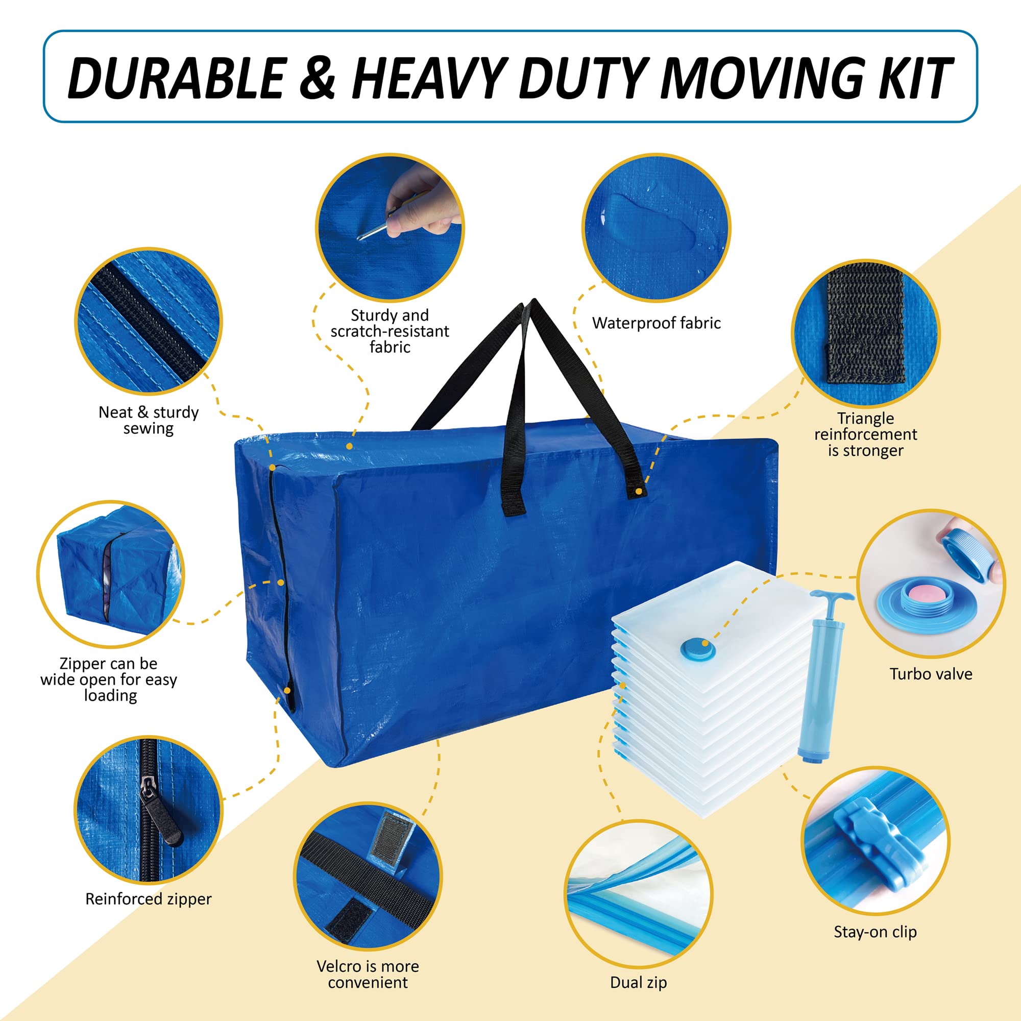 20 Pack Heavy Duty Extra Large Moving Bags with Backpack Straps & Large Vacuum Storage Bags Moving Supply Combo  Moving Totes with Handles & Zippers for Space Saving  Fold Flat  Includes Vacuum Bags