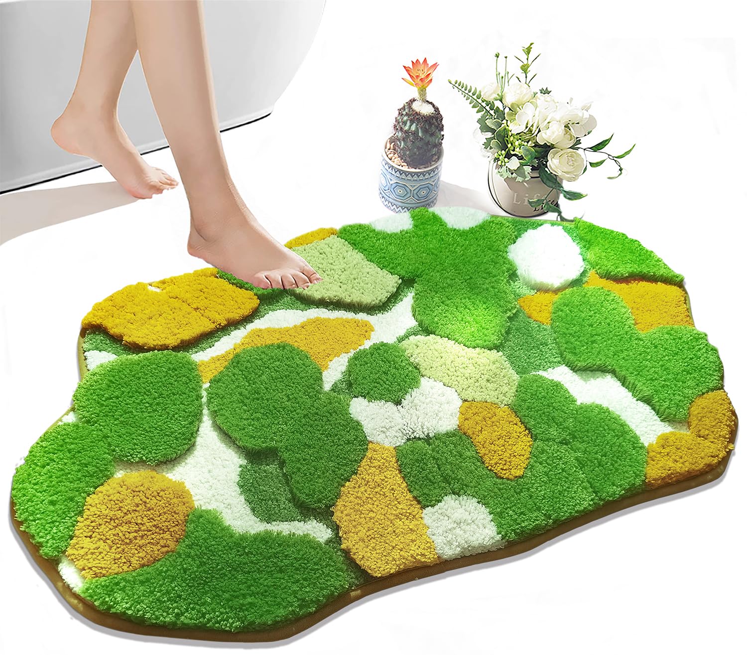 Cute Yellow Green Moss Shag Bathroom Rugs Leaf Bath Mats For Bathroom Decor Aesthetic Leaves Soft Non Slip Washable Aabsorbent F