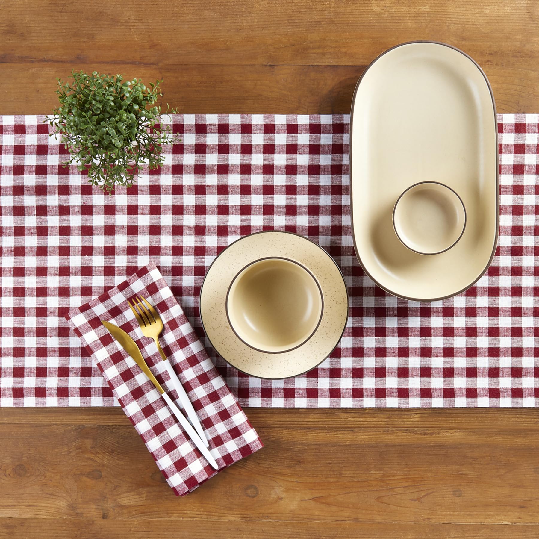 Solino Home Check Linen Table Runner 48 Inch - 100% Pure Linen Burgundy Plaid Table Runner 14 X 48 Inch Ideal For Dresser And Co