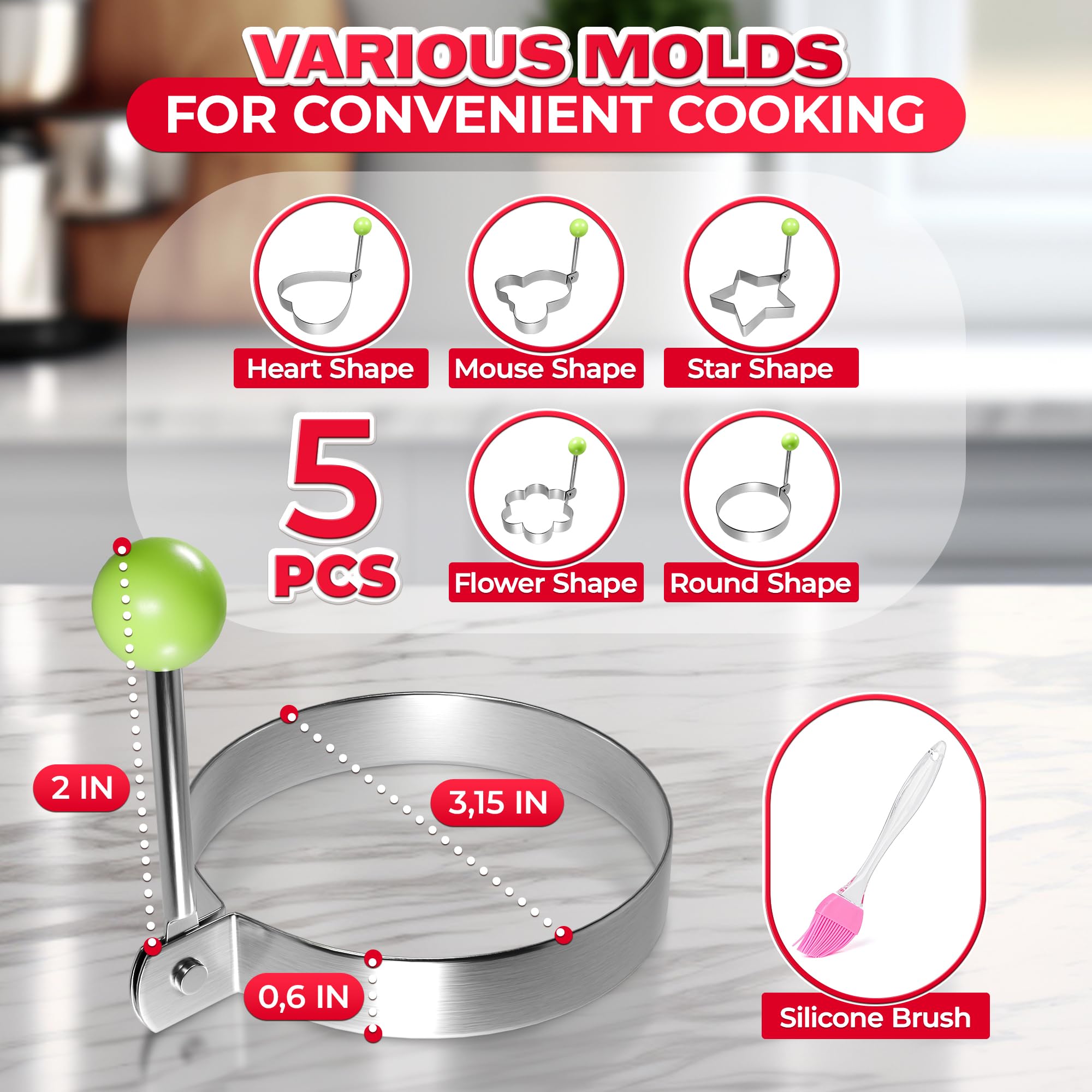 5Pcs Stainless Steel Ring Molds For Cooking Egg - Pancake Shapes Cooking Rings Egg Rings For Frying Eggs Round Egg Cooker Ring -