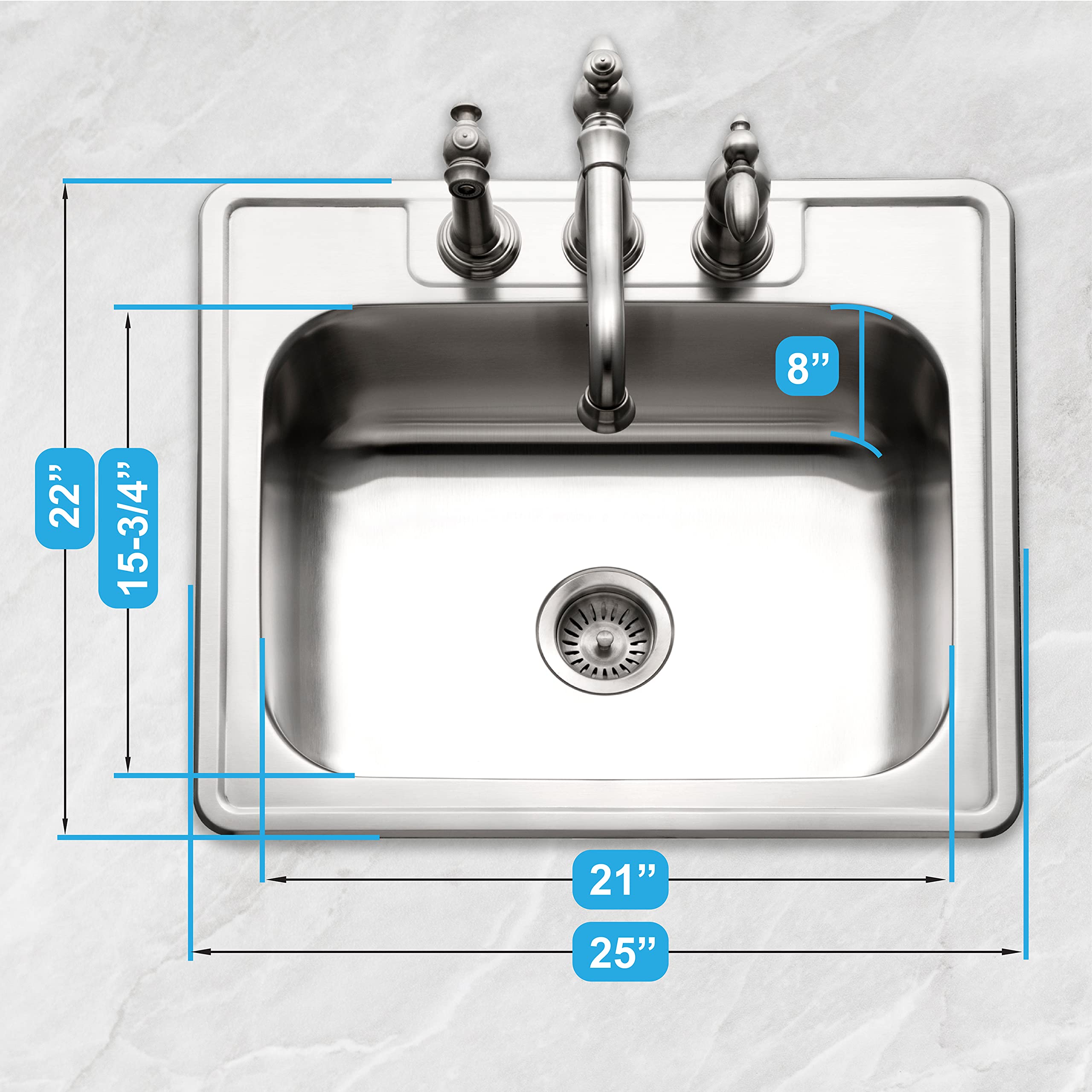 Houzer Stainless Steel 2522-8Bs3-1 Glowtone Series Kitchen Sink - 25'' Topmount Drop In Multipurpose Sink, Single Bowl Basin, 3