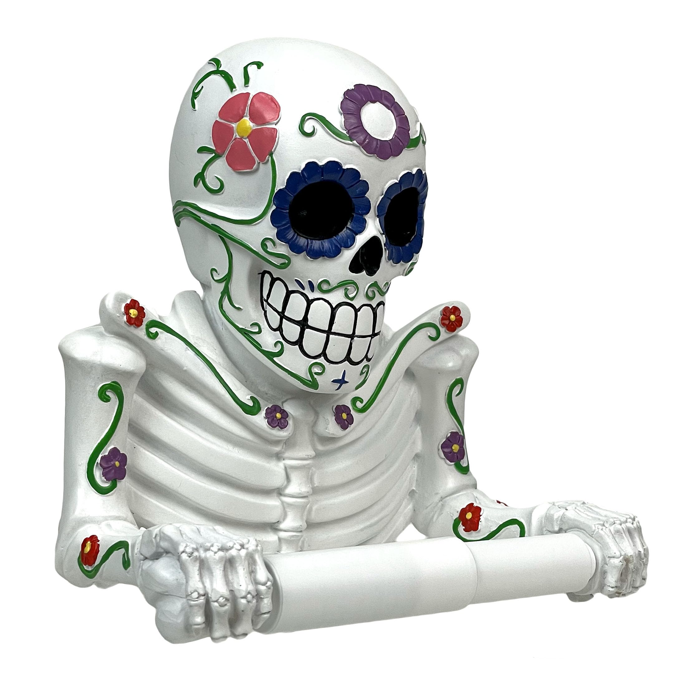 D  A De Los Muertos Vibrant Sugar Skull Skeleton Toilet Paper Holder - Whimsical Bathroom Tissue Dispenser And Novelty Home Deco