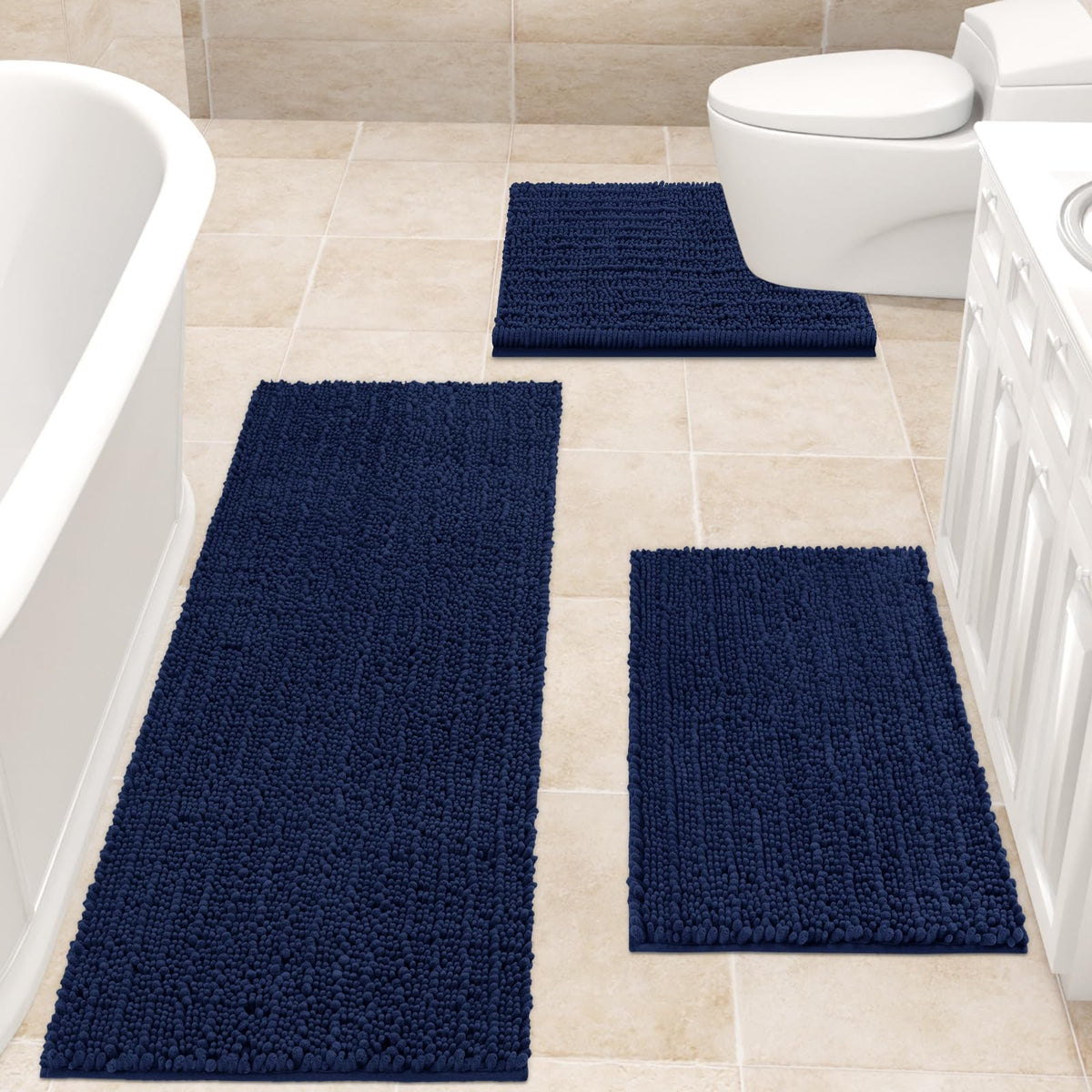 Accumtek Upgrade Extra Large Navy Blue Bathroom Rug Set 3 Pieces Ultra Soft, Thick Absorbent Bath Mats, Non Slip Chenille Toilet