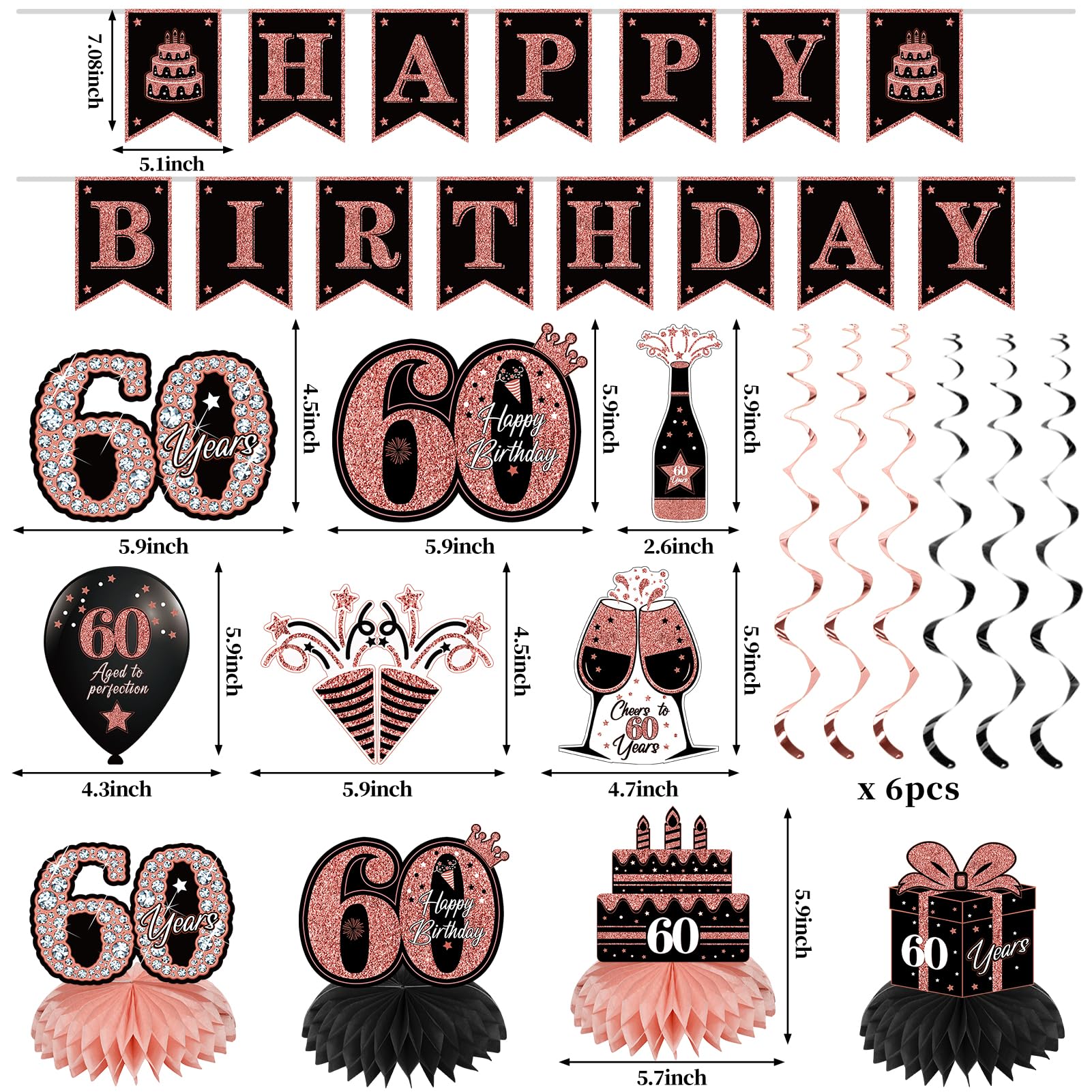 Eucutur 42Pcs 60Th Birthday Decoration Kit For Women, Rose Gold Happy 60Th Bday Banner Balloons Honeycomb Centerpiece Swirl Pape