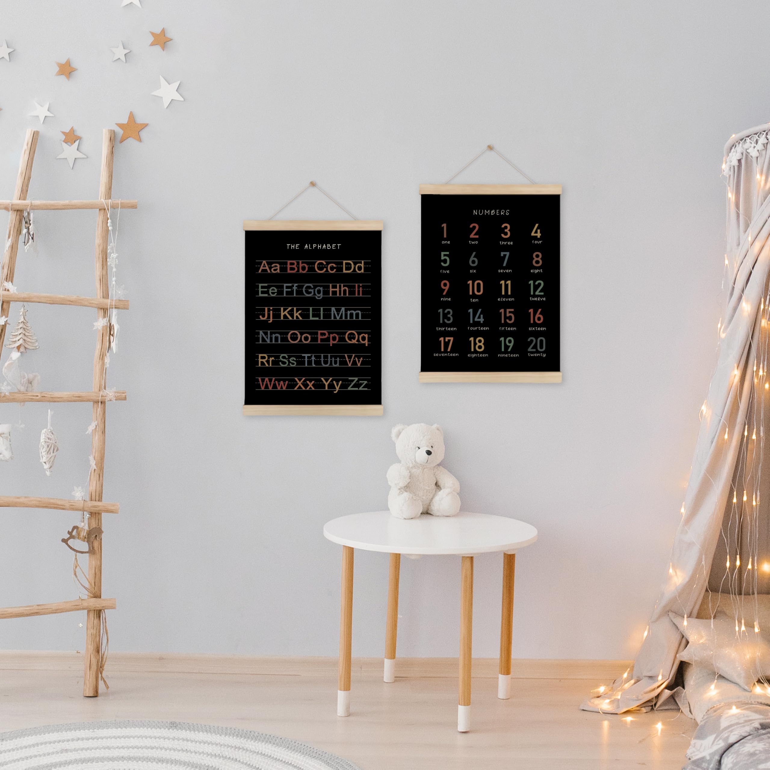 Hrqko Alphabet Numbers Poster Hanger Frame Set Of 2, Black Nursery Wall Decor, Abc Poster Wall Art With Wooden Frames, Boho Alph