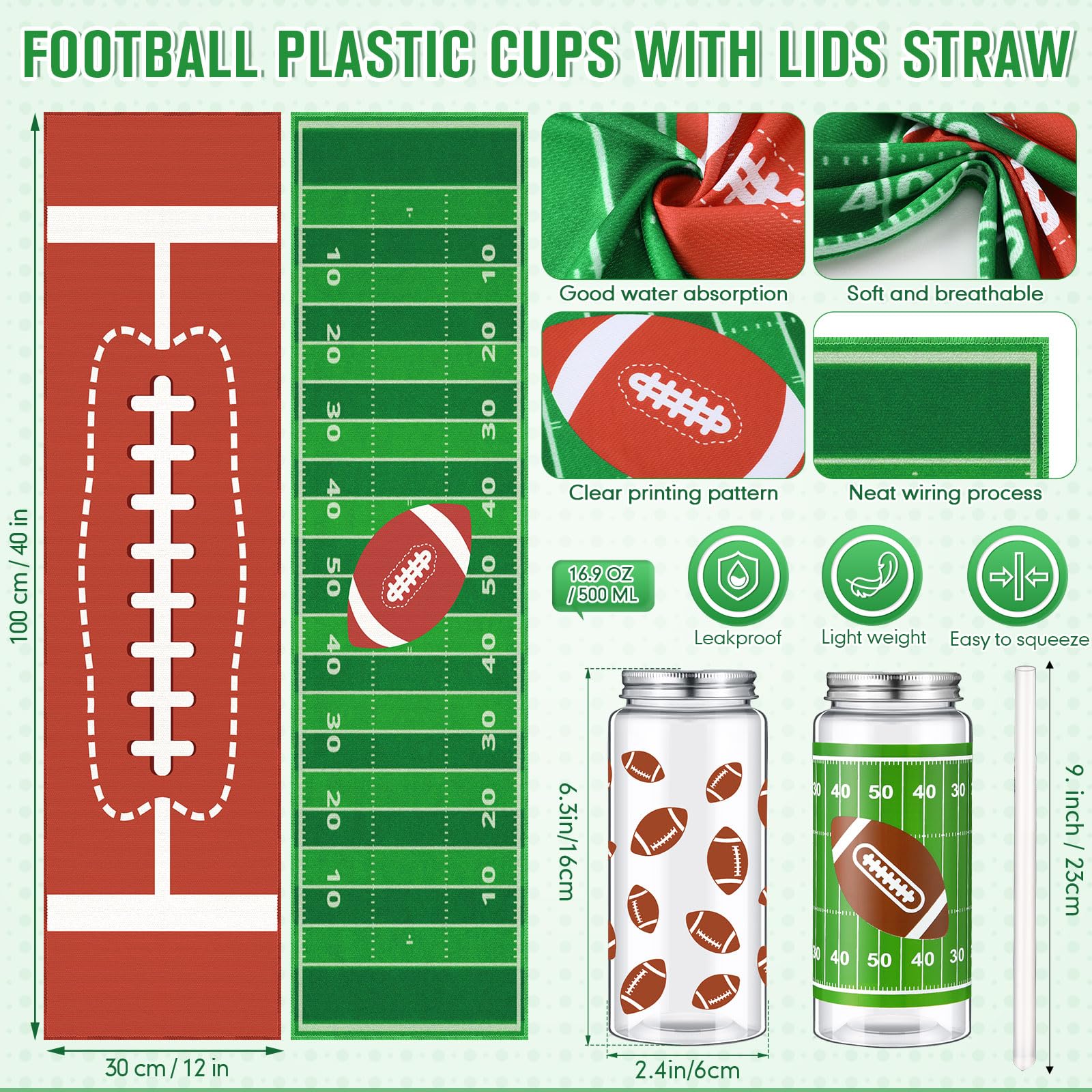 SmoothNovelty 24 Pcs 16.9 Oz Football Plastic Cups Bulk Football Cooling Towel Set Include 12 Footballs Theme Cups with Straw an