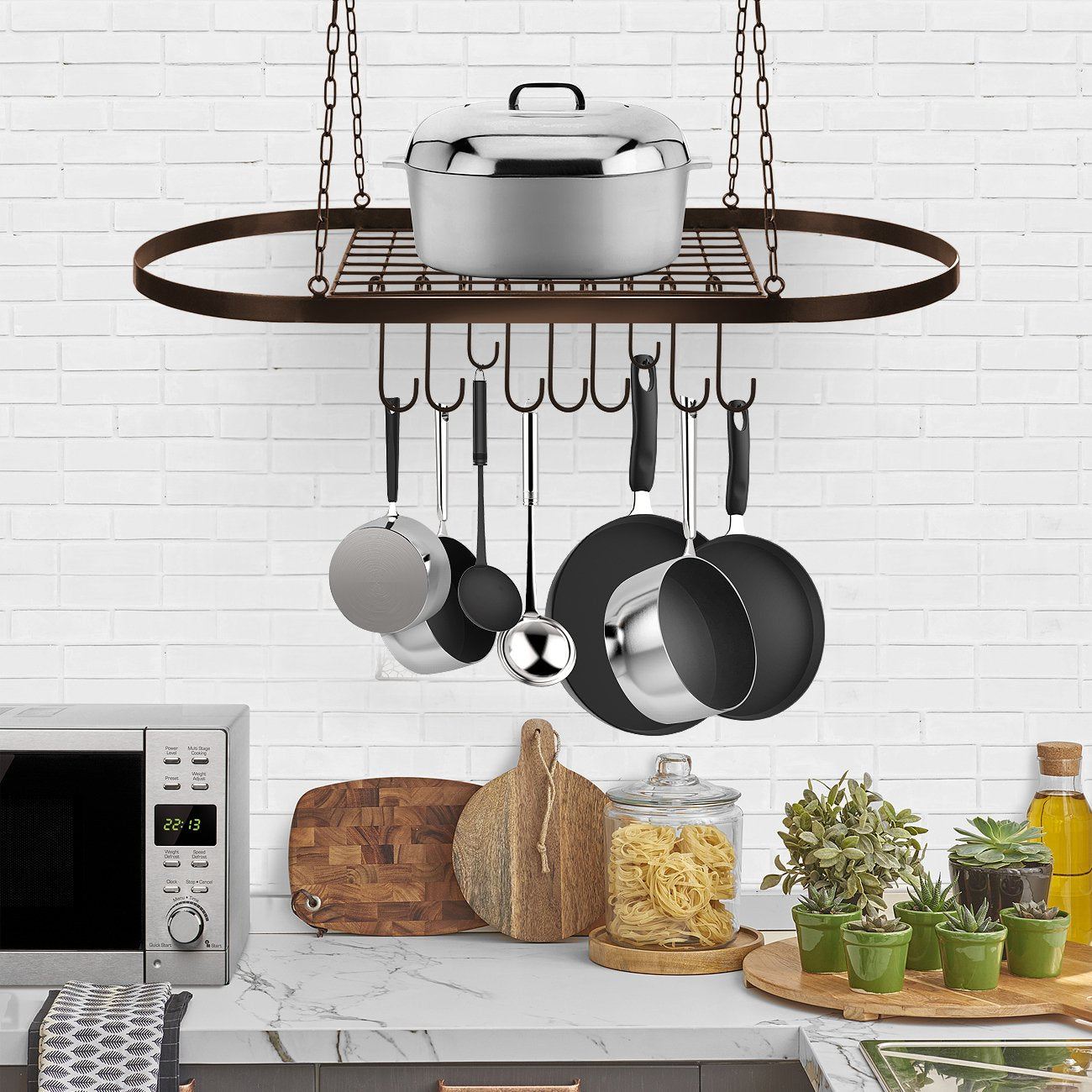 Sorbus Pot and Pan Rack for Ceiling 31'' with 10 S Hooks - Decorative Oval Mounted Storage Rack - Multi-Purpose Organizer Great for Home  Restaurant  Kitchen Cookware  Utensils  Books  (Bronze)