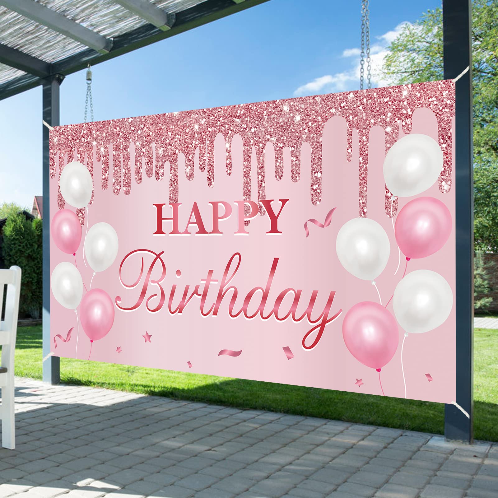 Uiorgui Pink Birthday Banner For Women Girls, Happy Birthday Banner Backdrop Pink Birthday Decorations Sign Party Supplies