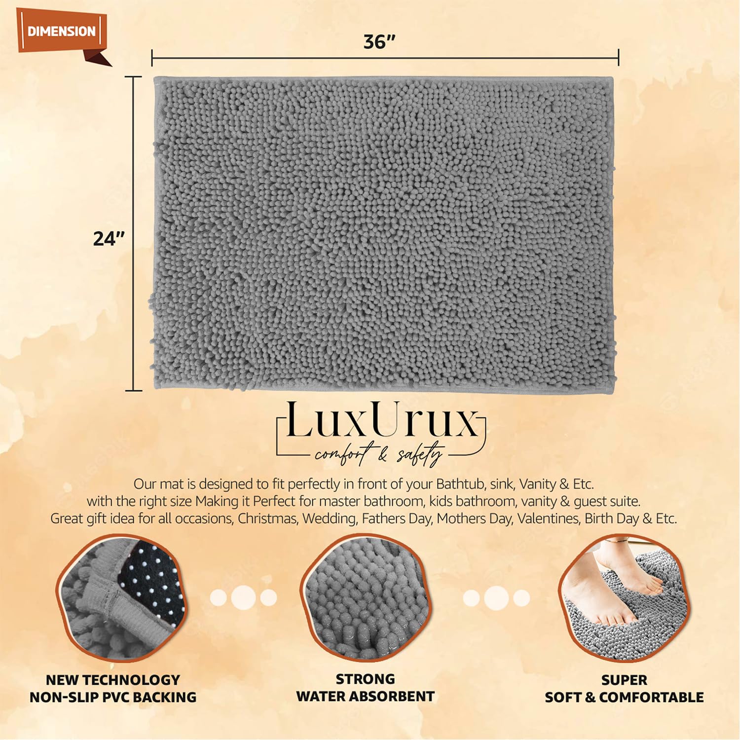 Luxurux Bathroom Rug Mat Set-Extra-Soft Plush Bath Mat Shower Bathroom Rugs Chenille Microfiber Material, Super Absorbent Light