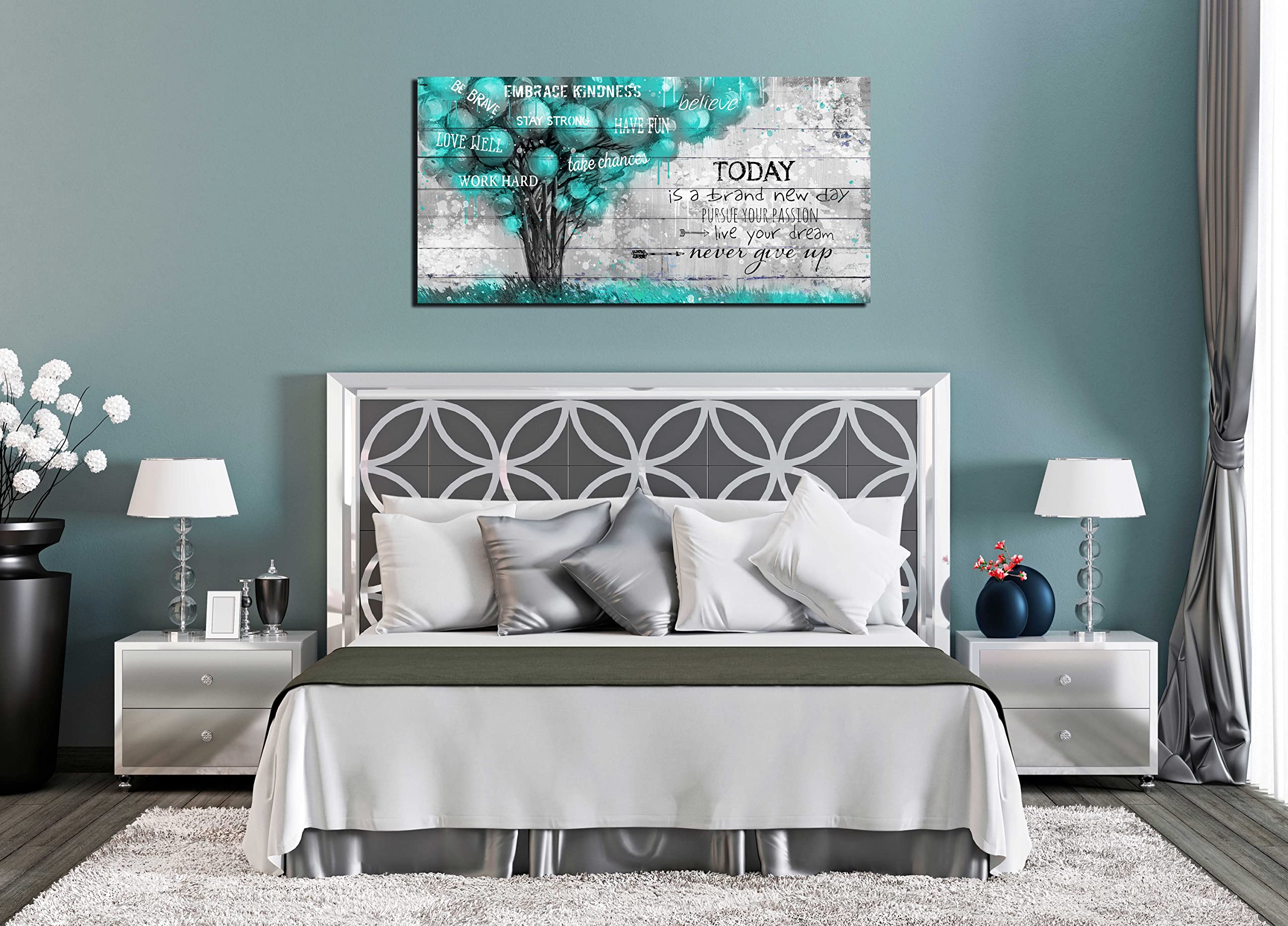 Teal Wall-Decor For Office - Inspirational Quotes Tree Wall Art - Large Canvas Wall Art Teal Decor For Living Room Ready To Hang