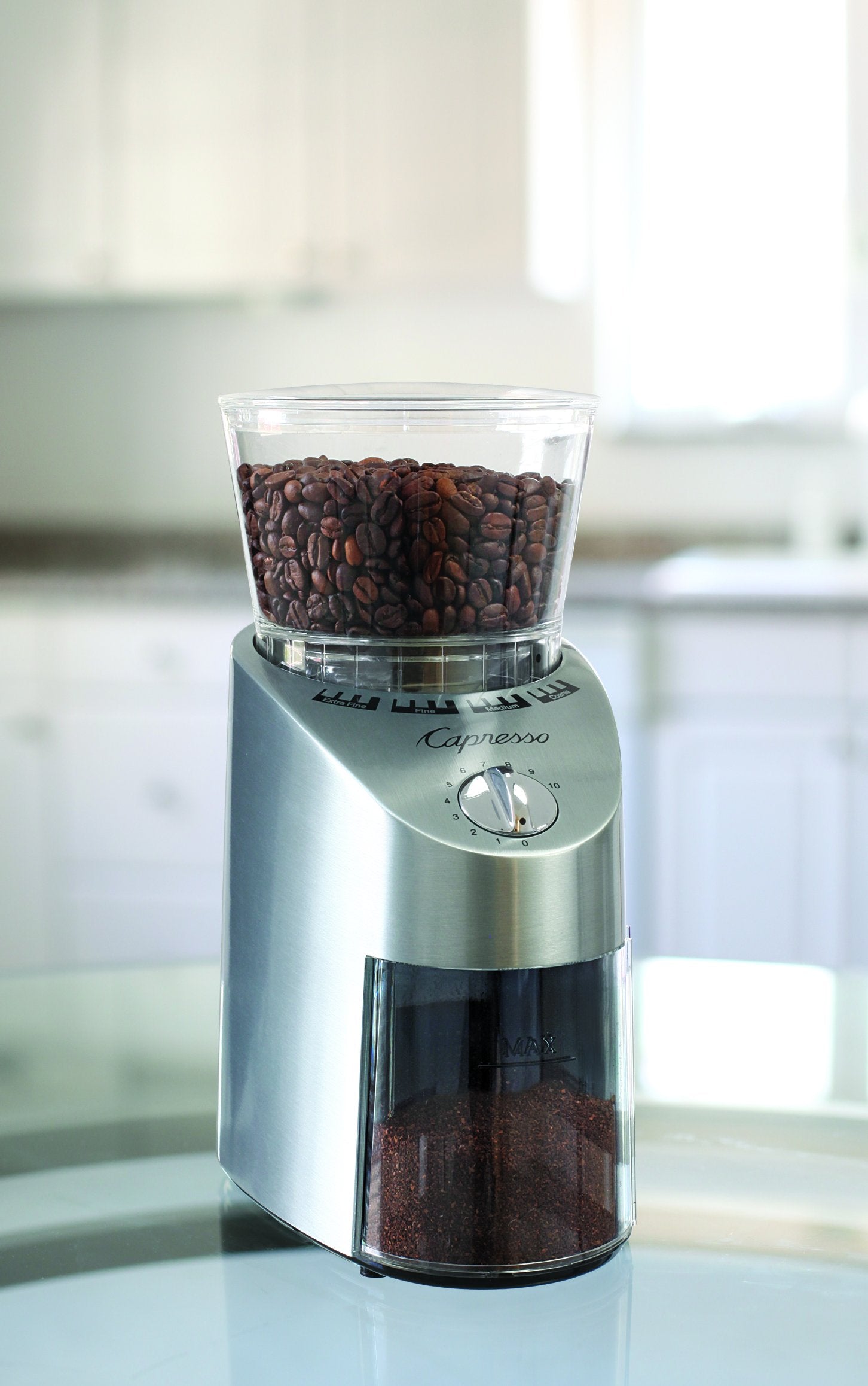 Capresso Infinity Conical Burr Grinder, See-Through Bean Container Holds Up To 8.8 Oz Of Beans