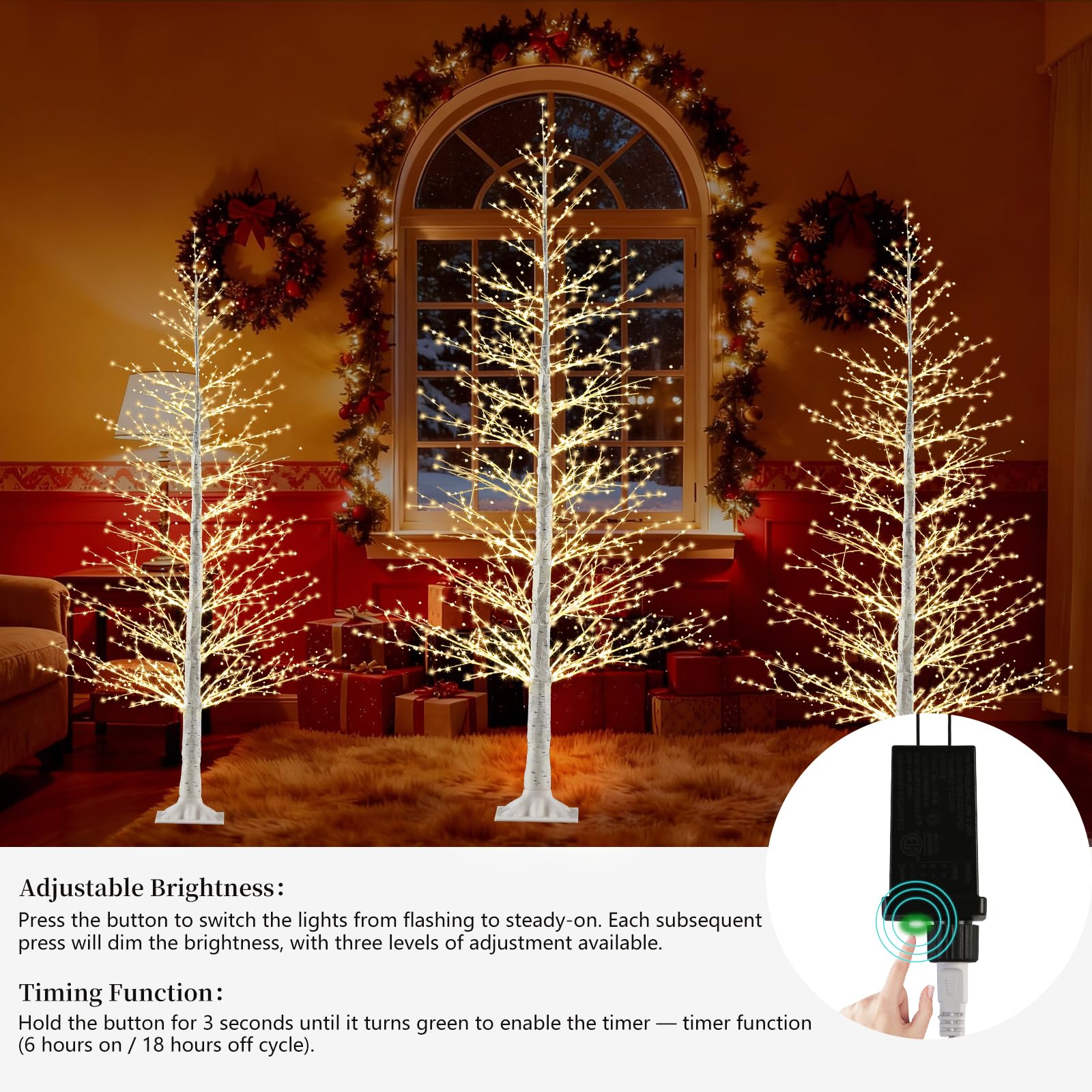 6FT Lighted Birch Tree with 1100 Warm White LEDs, Prelit Christmas Tree with Twinkle Lights, Birch Tree with LED Light for Outdo