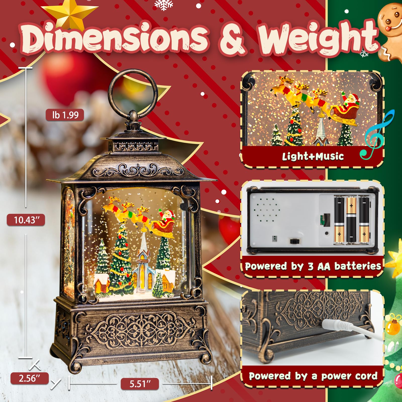 Christmas Snow Globes Lantern, Santa Claus & Church Christmas Decorations Indoor, 6H Timer Battery & USB Powered Light Up Musica