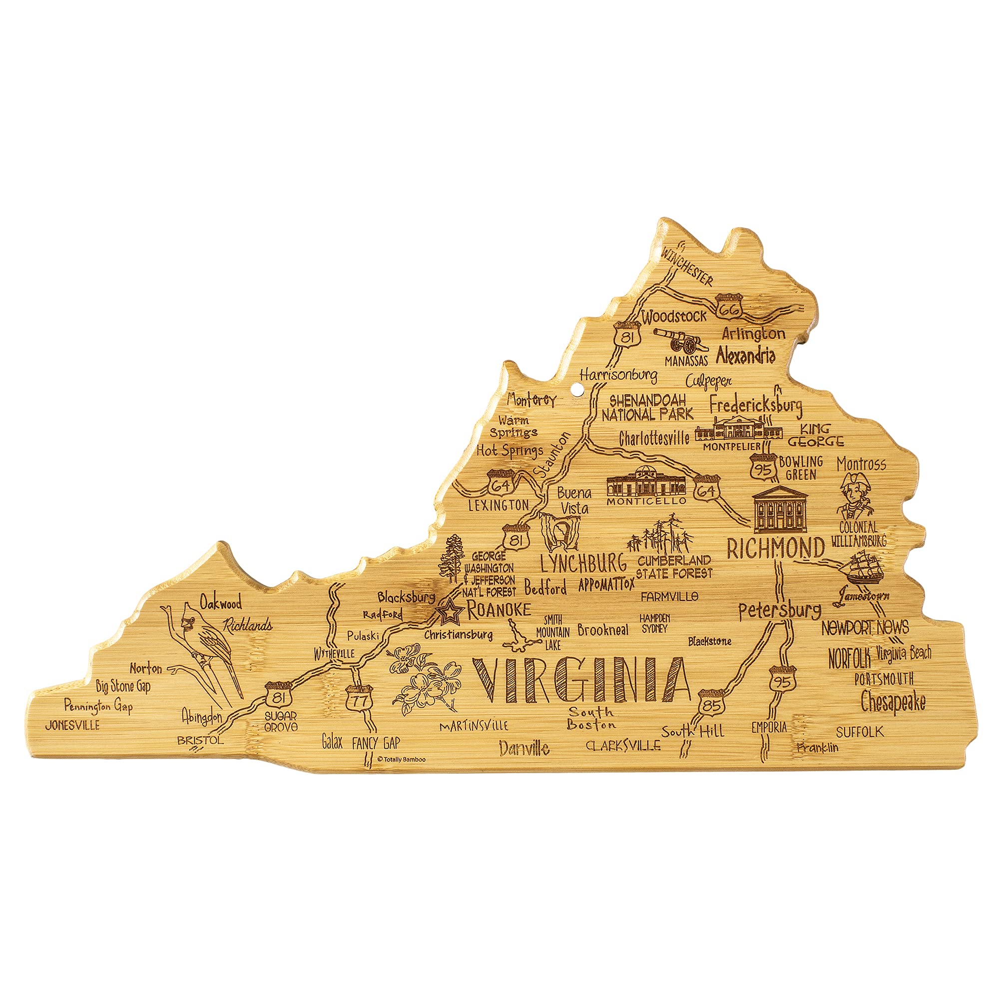 Totally Bamboo Destination Virginia State Shaped Cutting Board, Charcuterie and Cheese Serving Board - Virginia Gift for Home D 