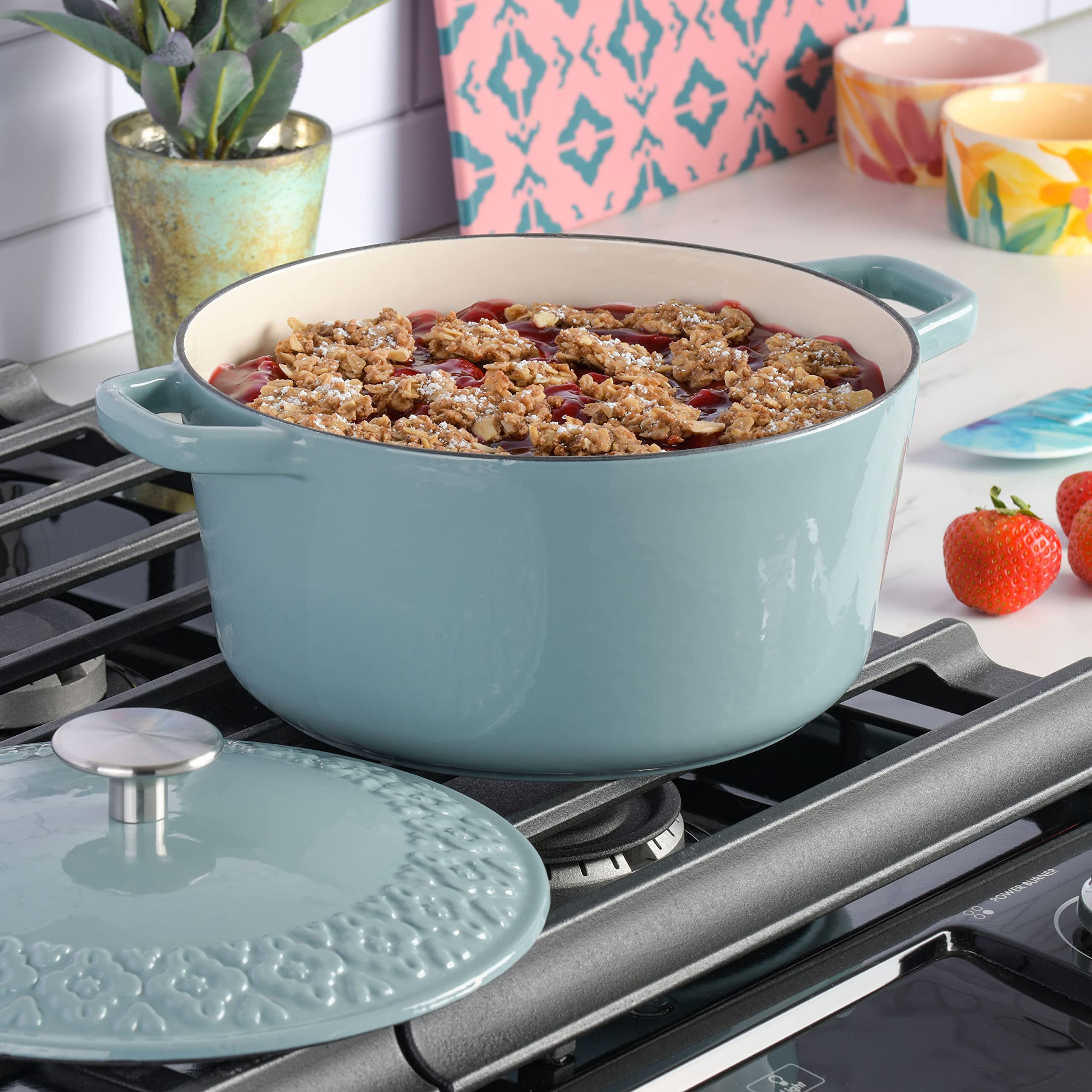 Spice By Tia Mowry 3.5 Qt Enameled Cast Iron Dutch Oven W/Embossed Lid - Aqua Blue