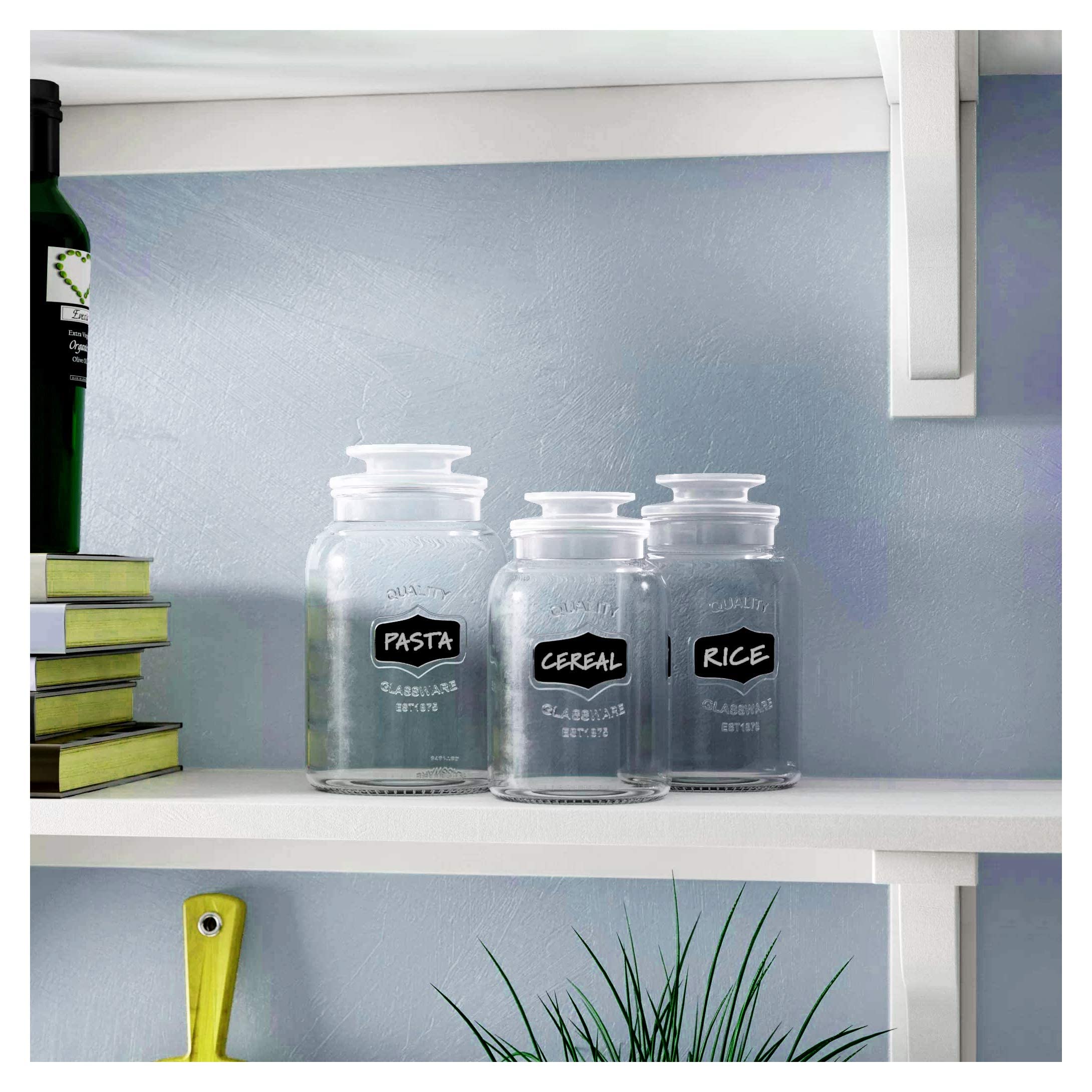 Glass Canister Set For Kitchen Or Bathroom With Airtight Lid And Chalkboard Labels, Apothecary Glass Food Storage Jars,Set Of 3