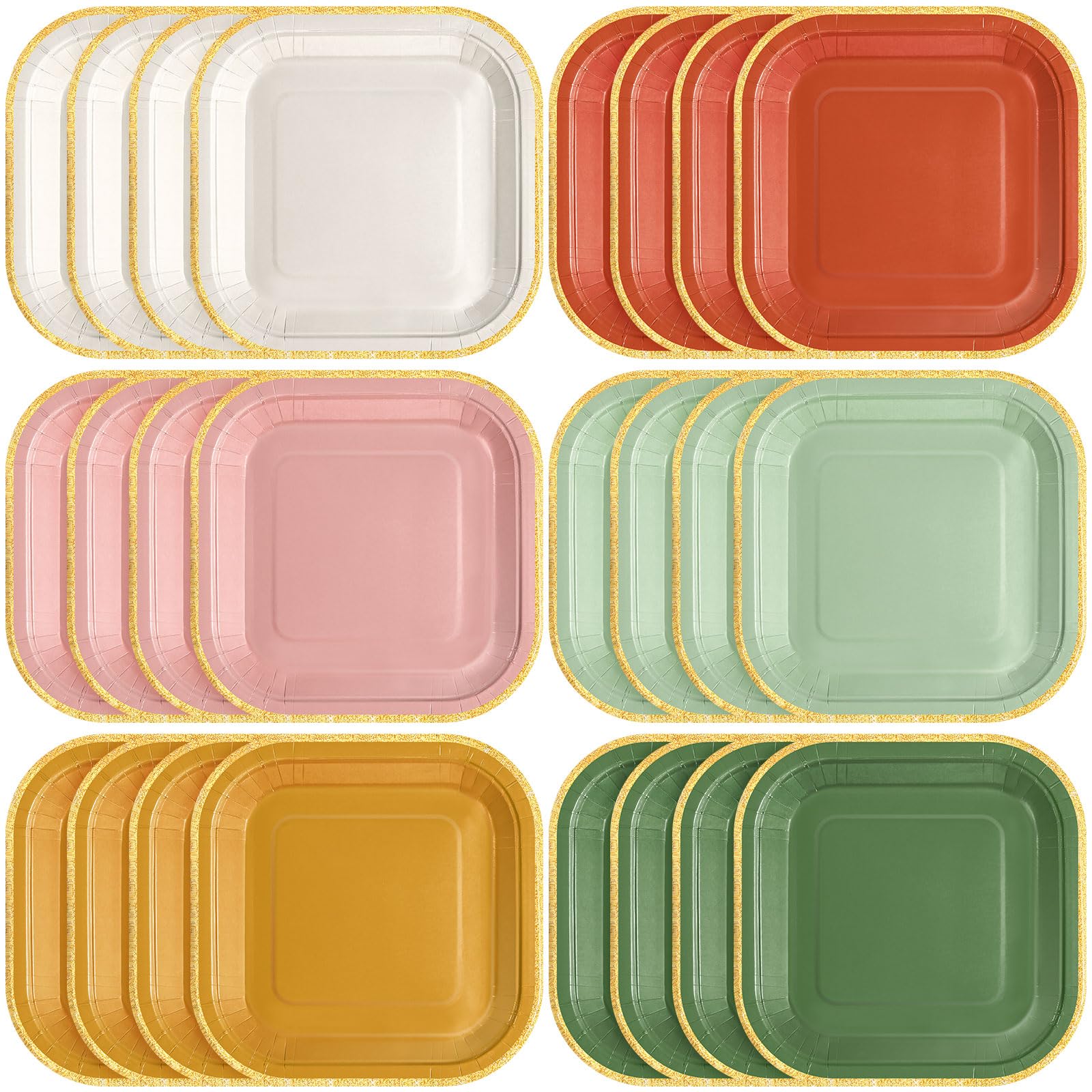 Tiangrid 60 Pcs Boho Colorful Paper Plates 7 Inch Gradient Disposable Square Dessert Party Plates with Gold Edge for Birthday We