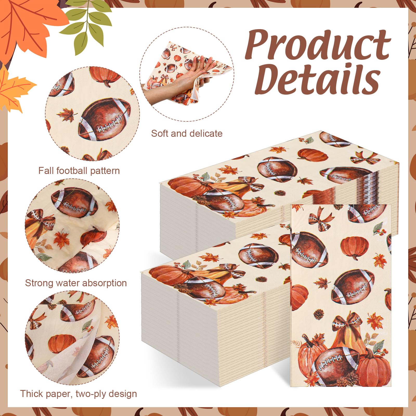 Windkream 200 Pcs Fall Football Guest Napkins Disposable Hand Towels for Bathroom Autumn Leaf Pumpkin Paper Guest Towels Footbal