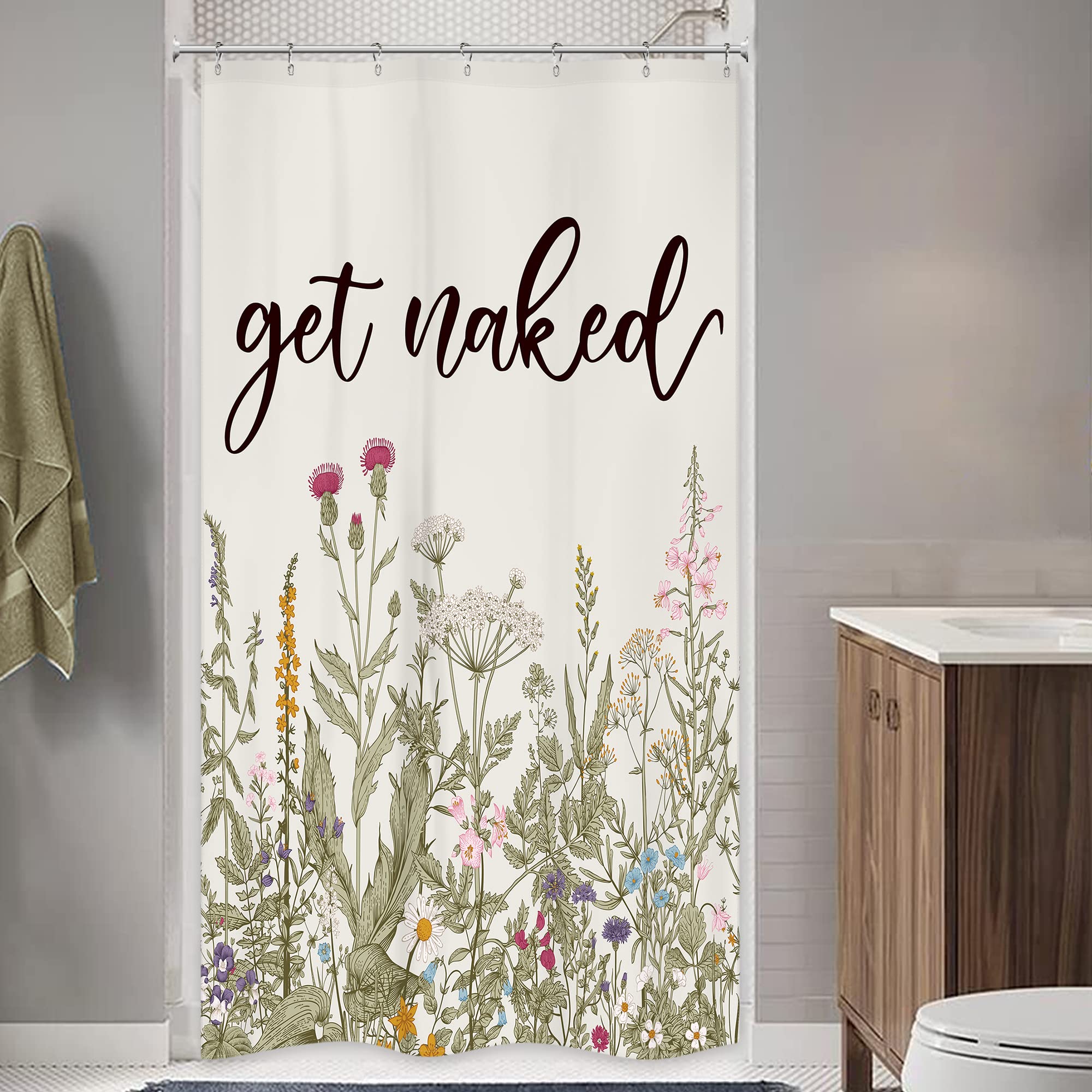 Riyidecor Stall Get Naked Wildflower Small Half Shower Curtain 36Wx72H Inch Farmhouse Flower Botanical Floral Herbs Decor Bathroom Windows Balconies Fabric Polyester Waterproof 7 Pack Plastic Hooks