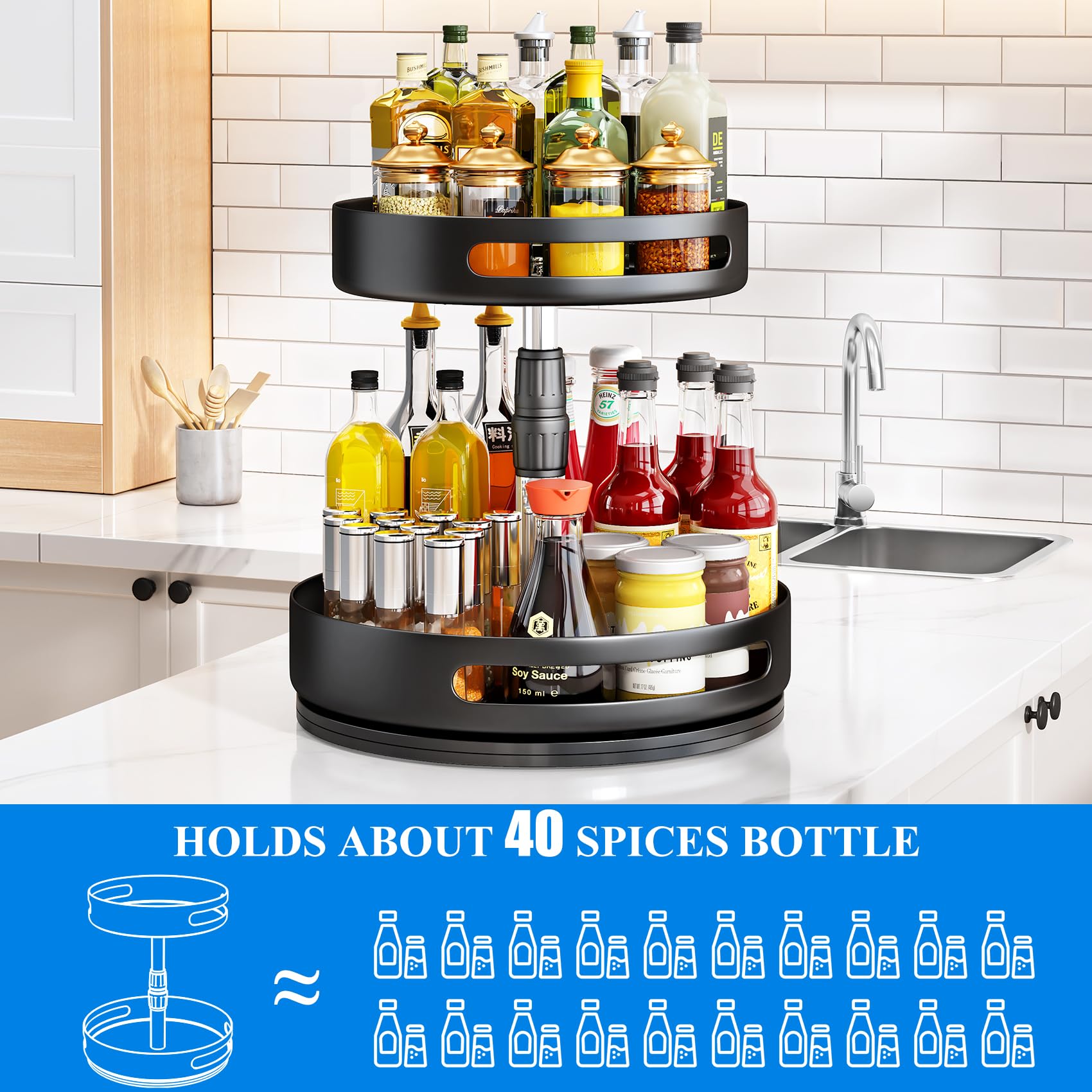 Lazy Susan Spice Rack Organizer 2 Tier - Rotating Seasoning Organizer Metal Lazy Turntable Height Adjustable Spice Organization