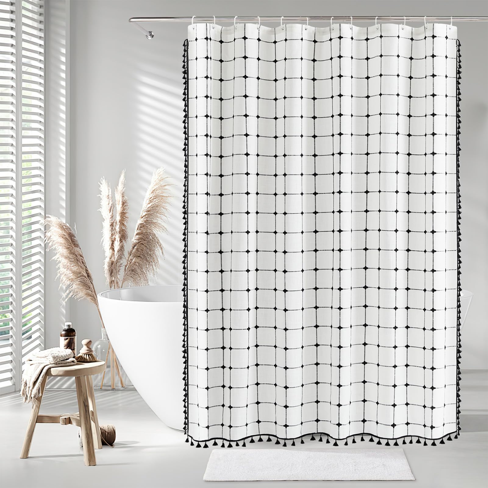 Yuanice Boho Farmhouse Shower Curtain, Linen Rustic Heavy Duty Fabric Shower Curtain Set With Tassels, Modern Bohemian Vintage T