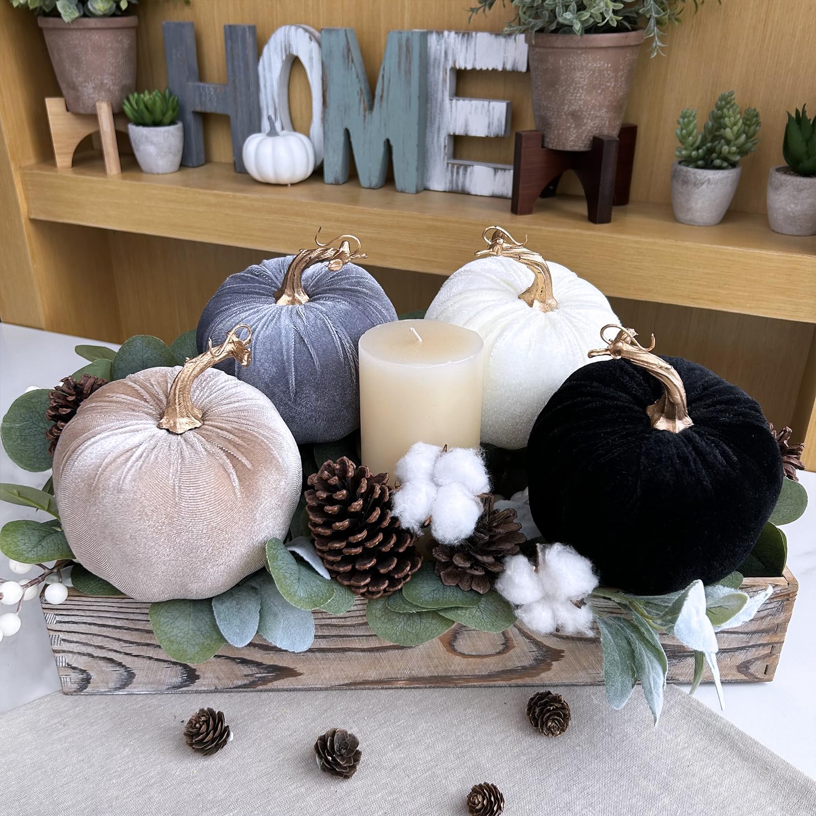 Winlyn 4 Pcs Assorted Faux Velvet Pumpkins Decorative Fabric Pumpkins Foam Pumpkins in White Black Gray Taupe 5  for Thanksgivin