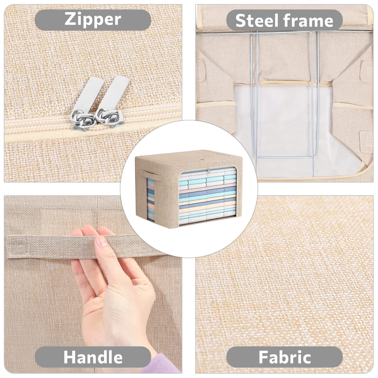 2 Pack Clothes Storage Bins - Stackable Metal Frame Storage Box Foldable Linen Fabric Box Organizer with Carrying Handles and Cl