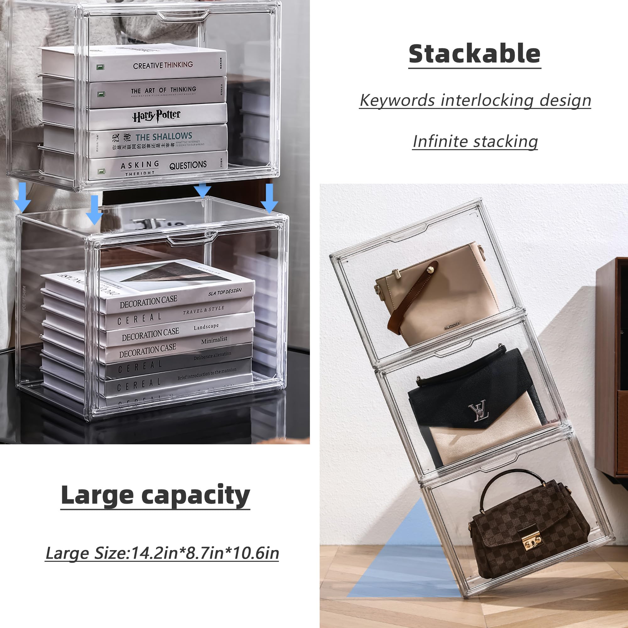 Lxlxxl Acrylic Box Display Case, Clear Plastic Stackable Storage Bins With Magnetic Attraction Lid, Showcase For Cosmetic, Large