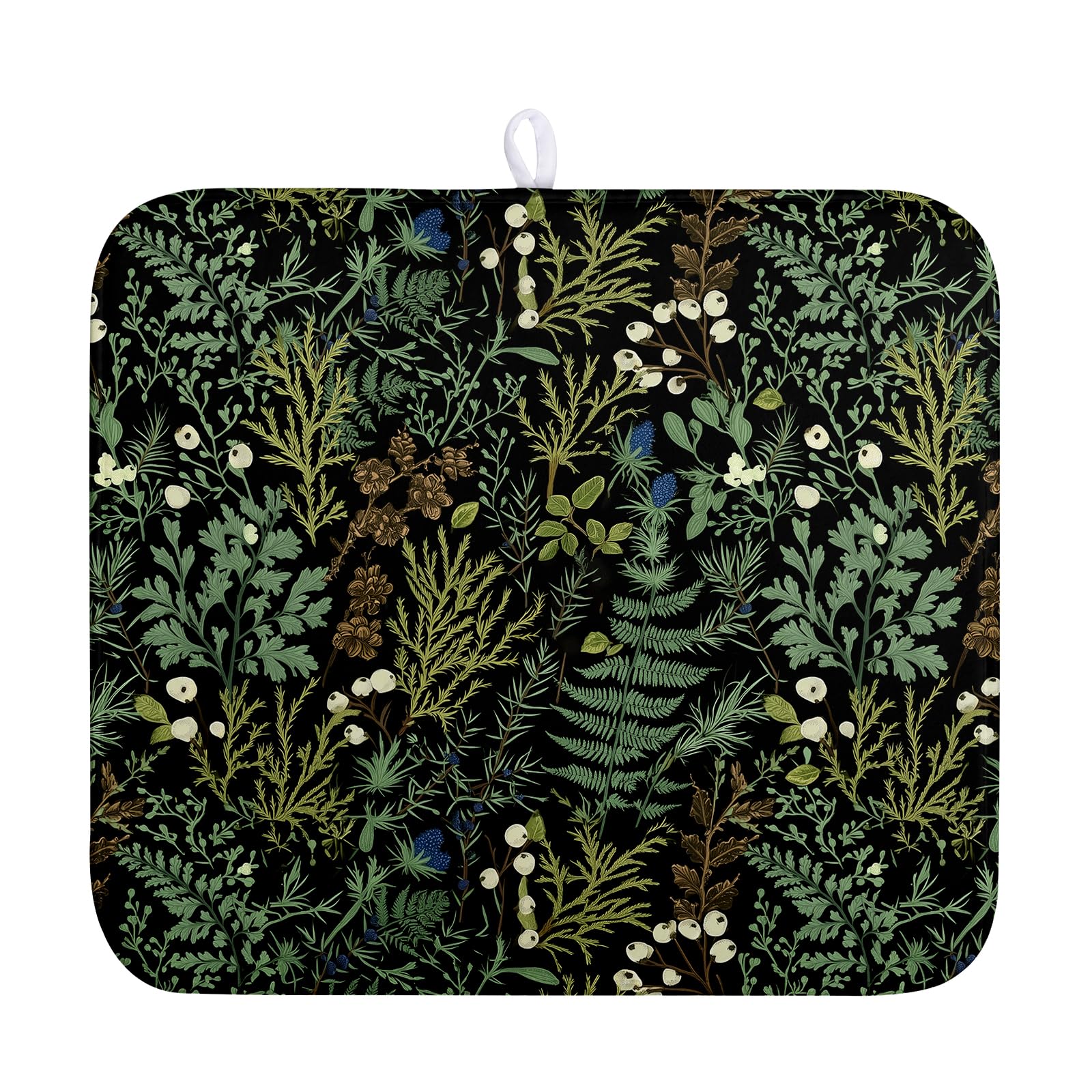 Dish Drying Mat for Kitchen Counter Vintage Green Plant Fern Leaves Floral Drying Mats Absorbent Microfiber Black Dish Drainer P