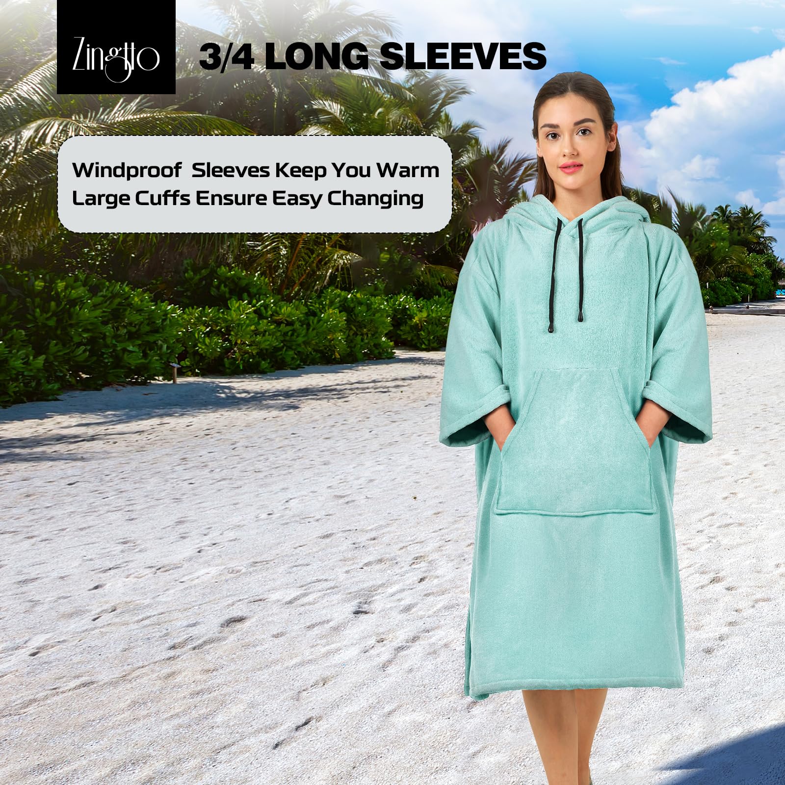 Zingtto Surf Poncho Changing Robe, 3/4 Sleeve Extra Large Thick Hoodie Towel Poncho For Men Women Beach Swimming, 39''X33'', Tea