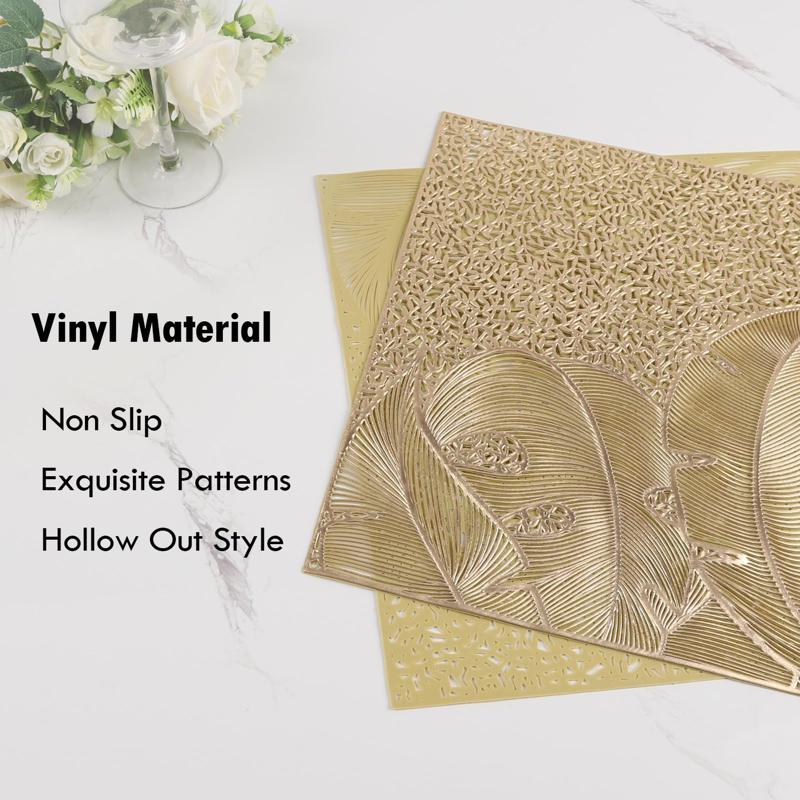 Crisjanggo Gold Placemats Set Of 6, Wipable Rectangular Table Place Mats Bulk Pressed Vinyl Placemats For Party Dining Wedding C