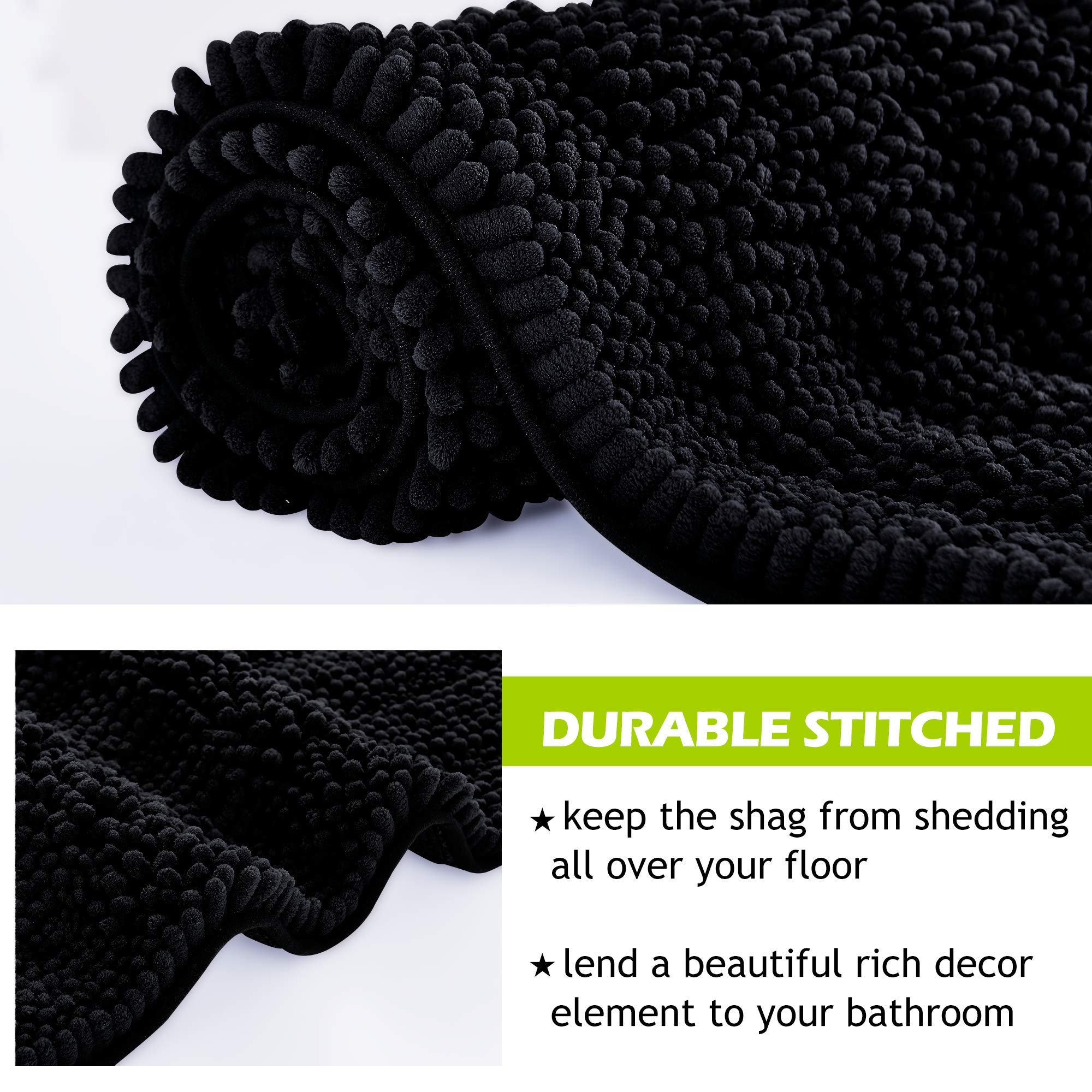 Kgorge Black Bath Mat - Quick Drying Bathroom Rugs Non-Slip Water Absorbent Thick Shaggy Chenile Shower Rug For Toilet Tub Kitch