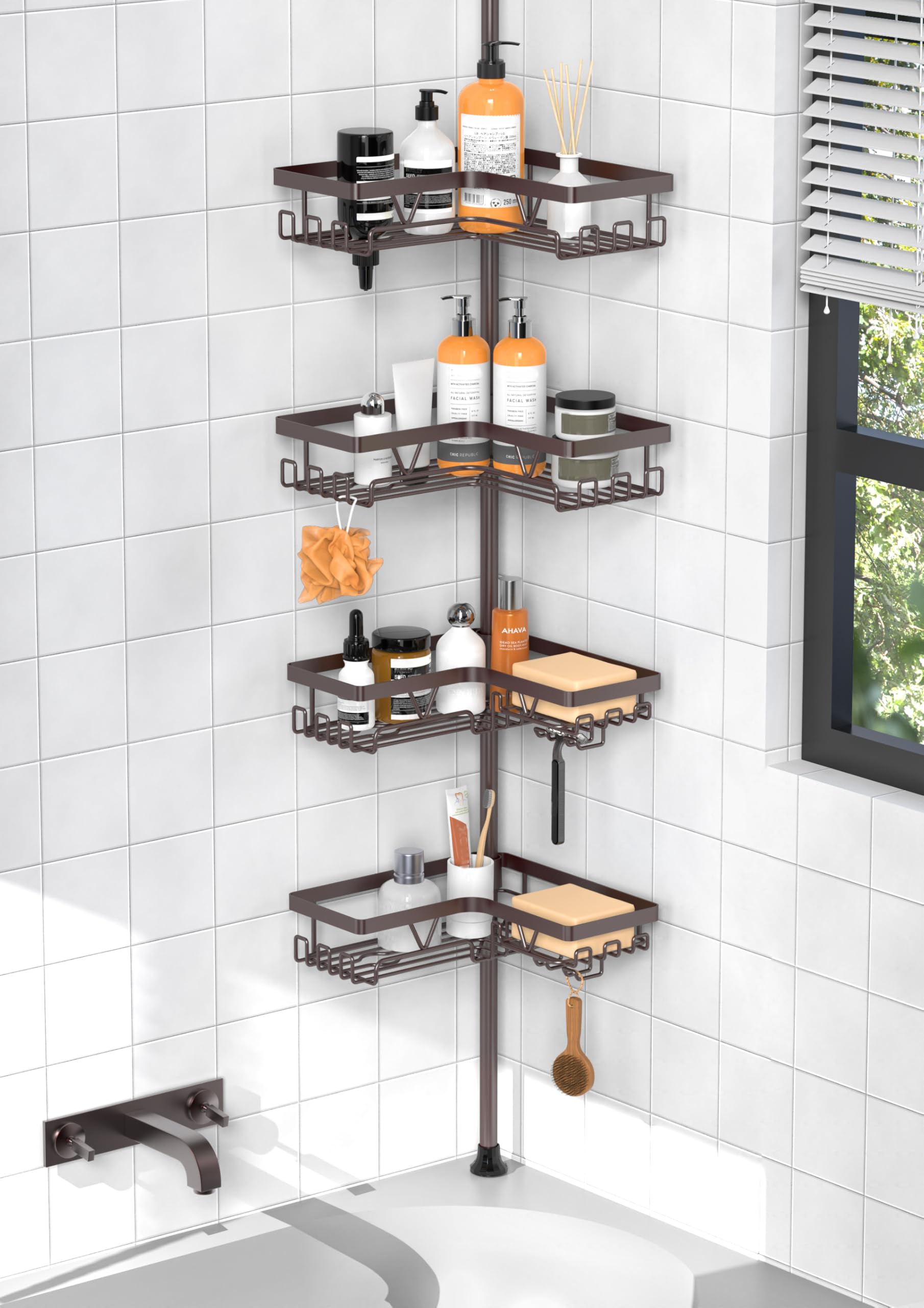 KEGII 4-Tier Corner Shower Caddy Tension Pole - Waterproof Shower Rod Organizer, Floor to Ceiling Tension Rod 25-114.2 inch, Sta