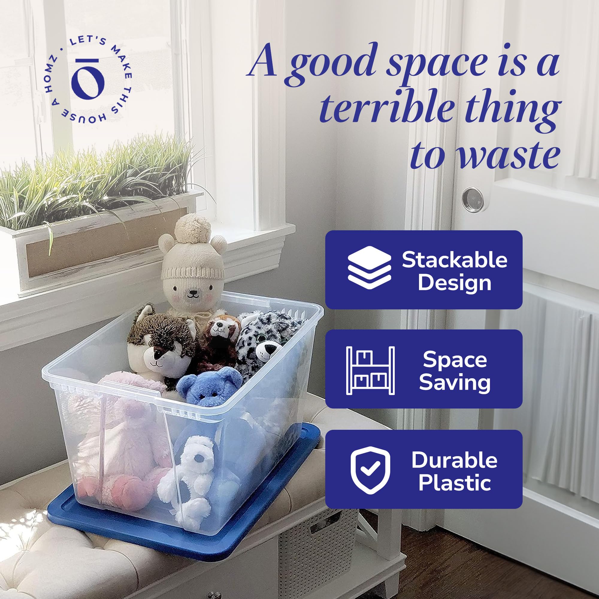 Homz Snaplock 56-Quart Plastic Multipurpose Stackable Storage Container Bins With Blue Snaplock Lid For Home And Office Organiza