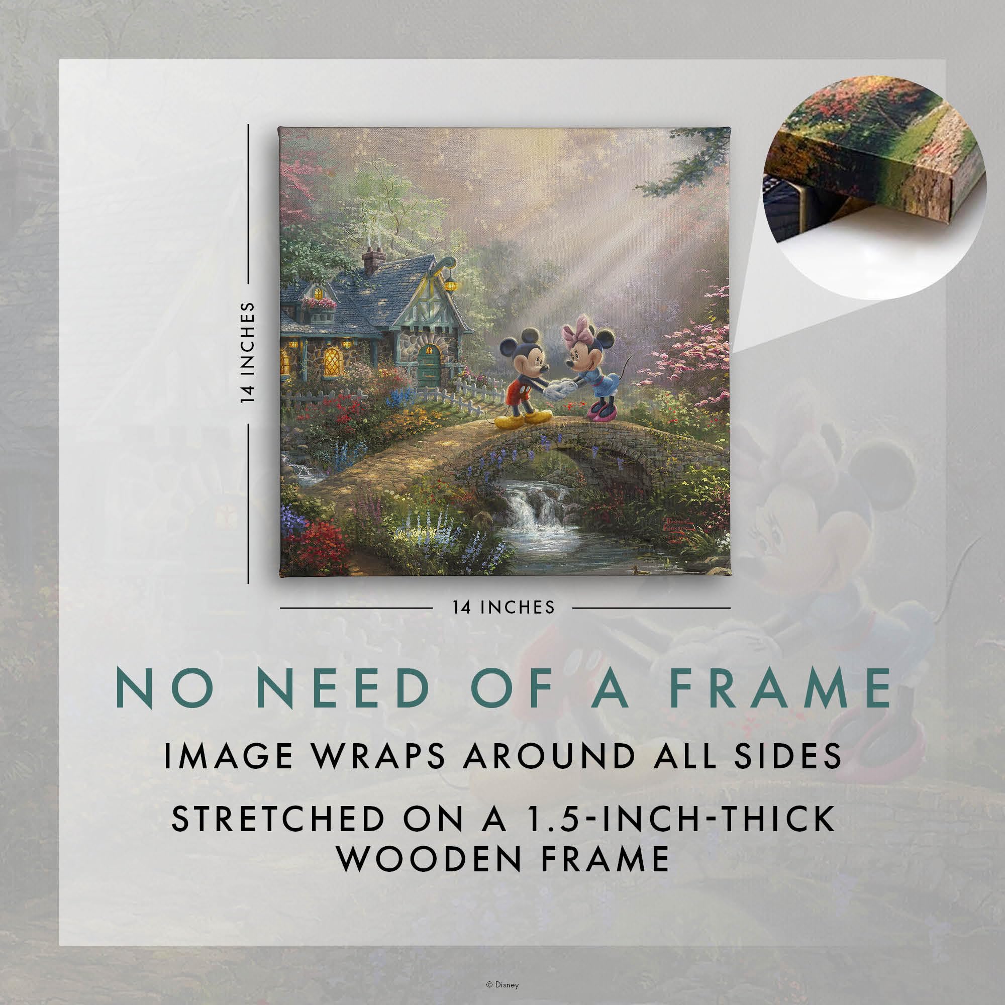 Thomas Kinkade Studios Disney'S Mickey And Minnie Sweetheart Bridge 14 X 14 Gallery Wrapped Canvas