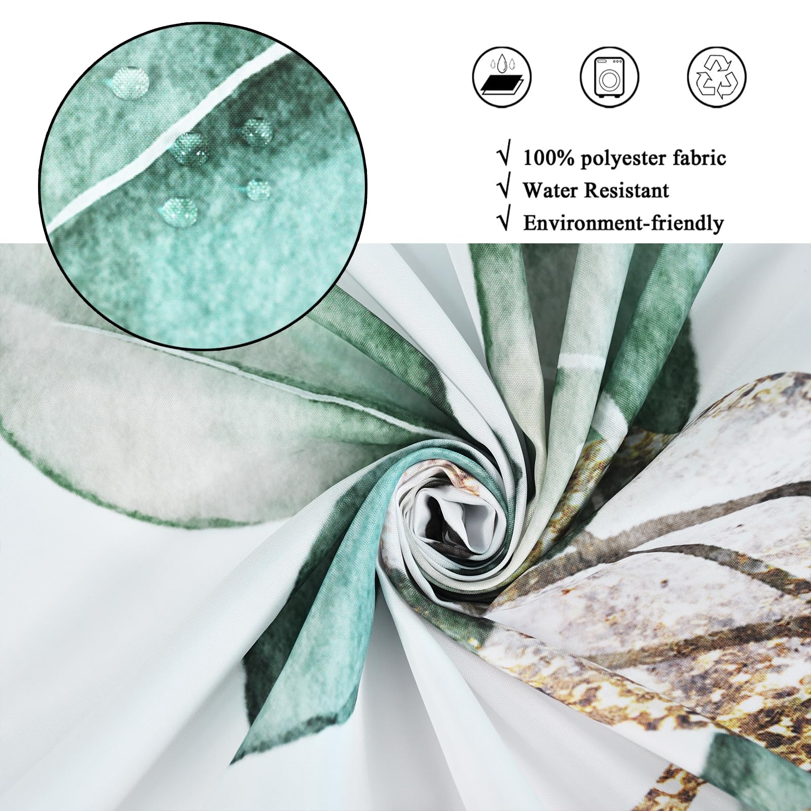 Caheansi Sage Green Leaf Shower Curtain, Green And Gold Eucalyptus Leaf Botanical Watercolor Plants Spring Bathroom Curtain Wate