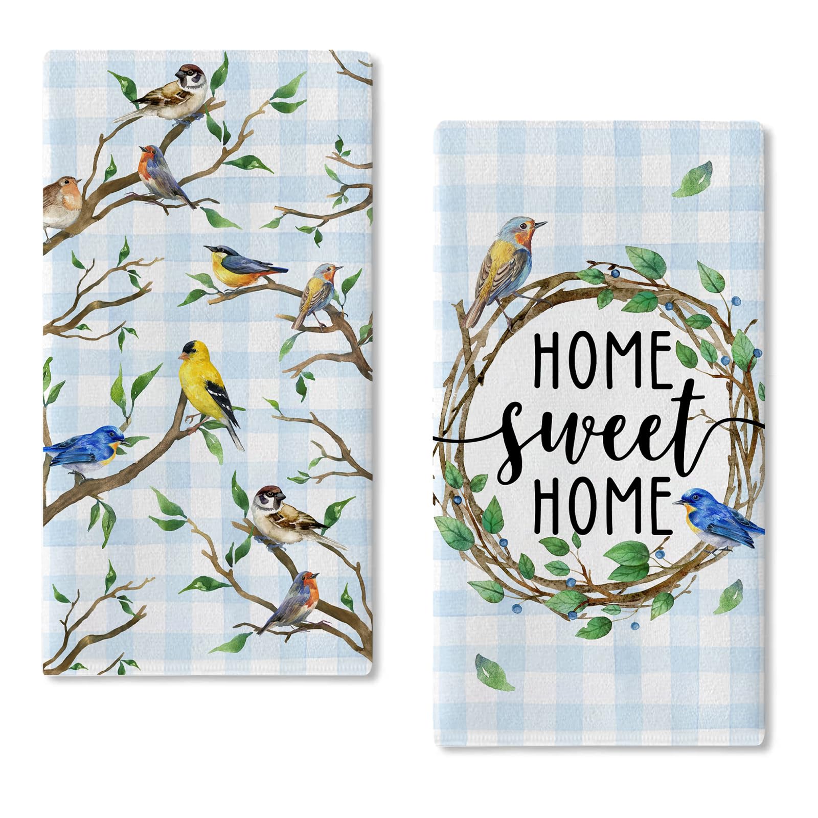Seliem Home Sweet Home Birds Kitchen Dish Towels Set Of 2, Spring Summer Bluebird Chickadee Hand Towels Drying Baking Cooking Cl