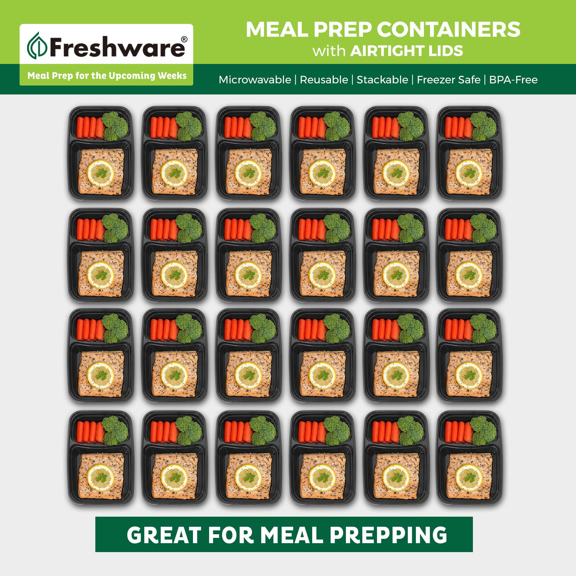Freshware Meal Prep Containers [15 Pack] 2 Compartment With Lids, Food Storage Containers, Bento Box, Bpa Free, Stackable, Micro