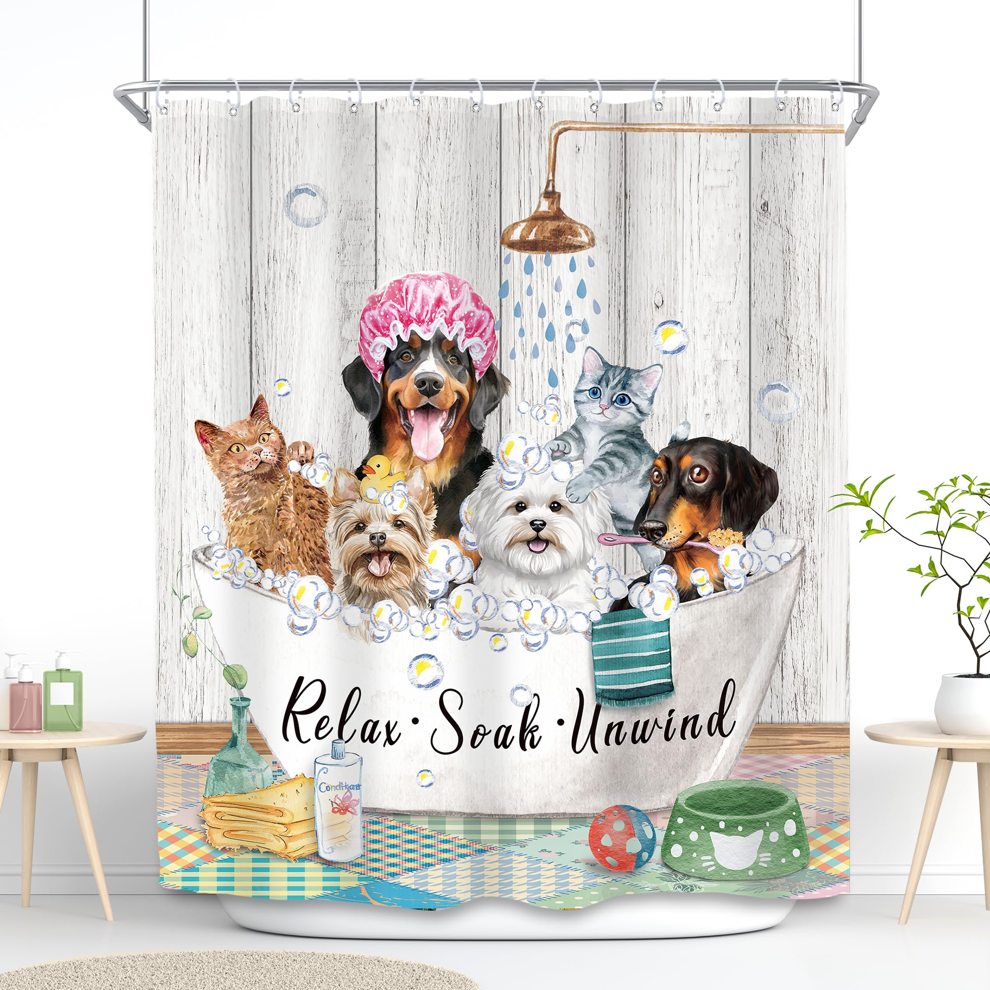 Svbright Funny Kids Shower Curtain 60Wx72L Inch Cute Dogs Cats Animal Taking A Bath In Bathtub Bubbles Farmhouse Hilarious Lovel