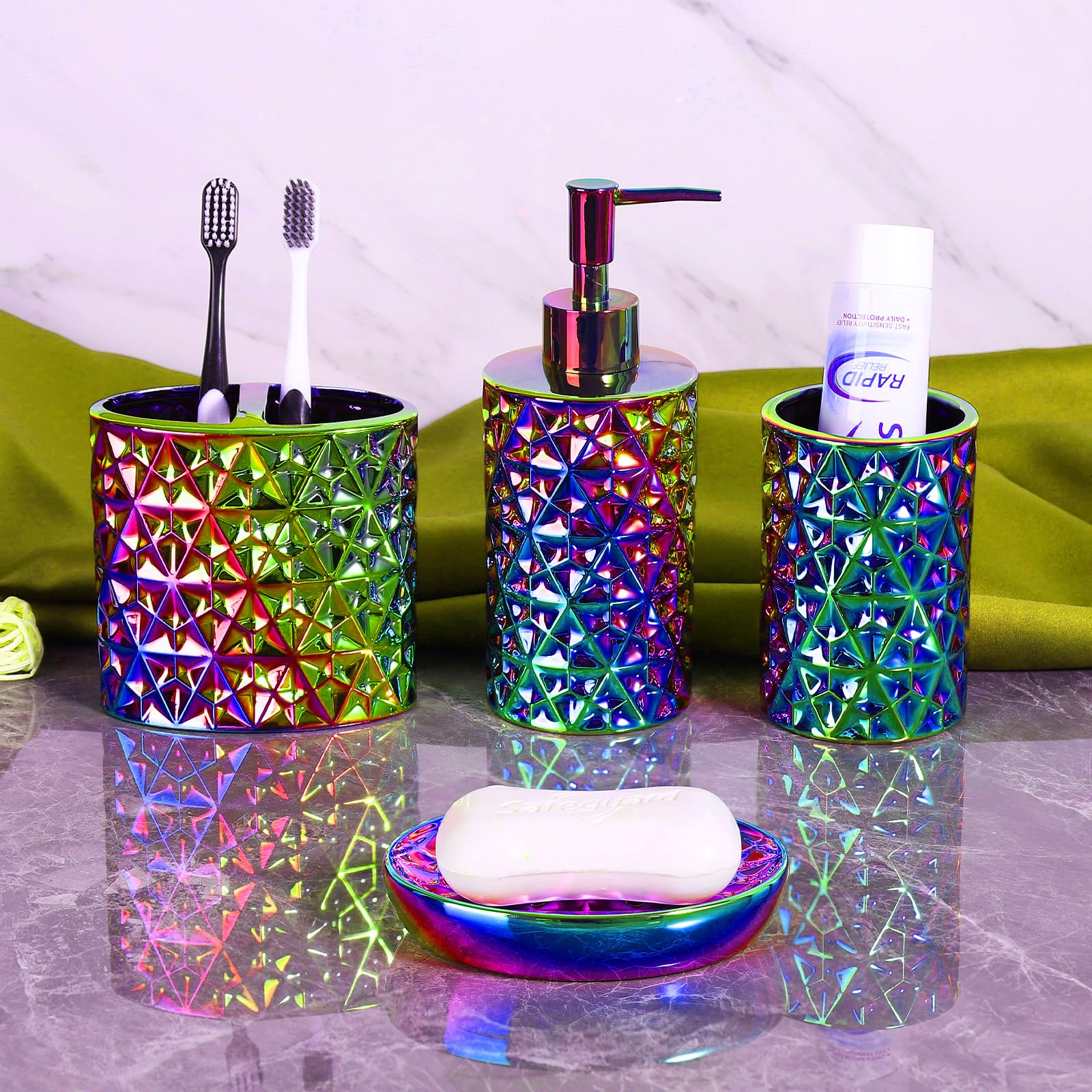 Rxlvcky Colorful Bathroom Accessories Set 4 Pcs, Lotion Soap Dispenser, Soap Dish, Toothbrush Holder, Tumbler, Countertop Vanity