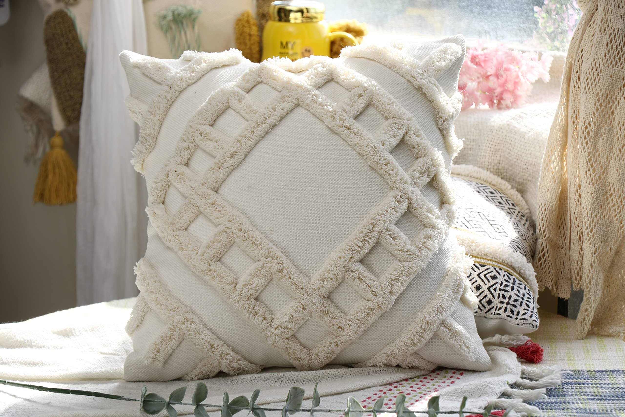 Impexart Plush Short Wool Throw Pillow Covers 16X16 Inches Decorative Fluffy Farmhouse Cotton Couch Pillow Case Faux Wool Square