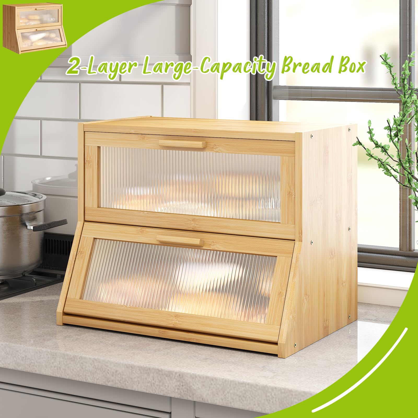 Large Bread Box Double Layer Bamboo Bread Box For Kitchen Counter Container Farmhouse Bread Box Bread Holder Capacity Bread Stor